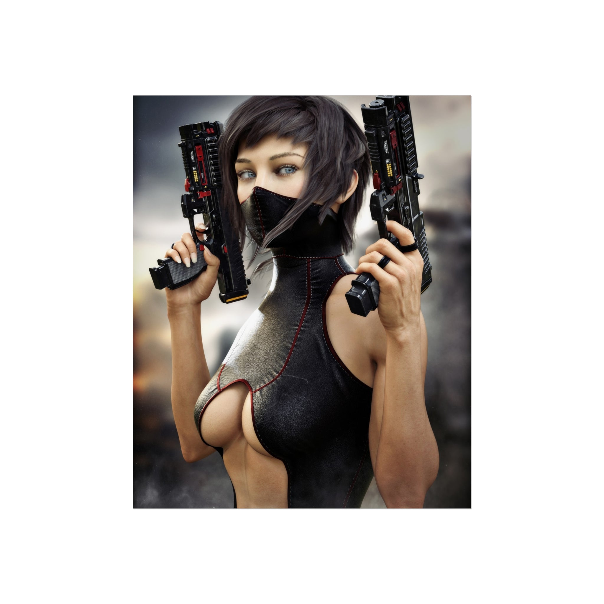 Cyberpunk Assassin Fine Art Poster — Futuristic Female Gunslinger Wall Art- No AI -Human created illustration art