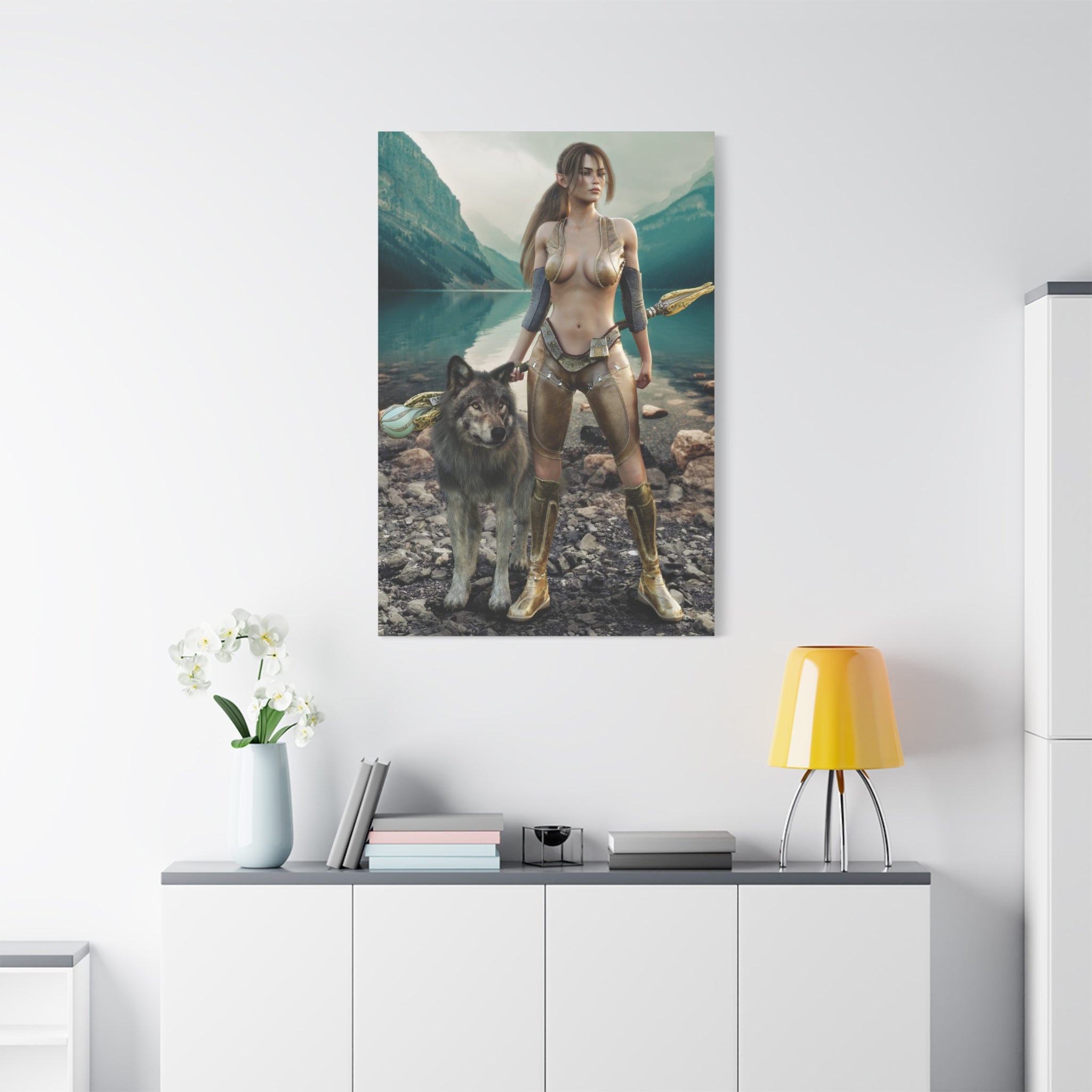 Druid and Wolf Fantasy Canvas Wall Art | Elven Guardian Nature Warrior