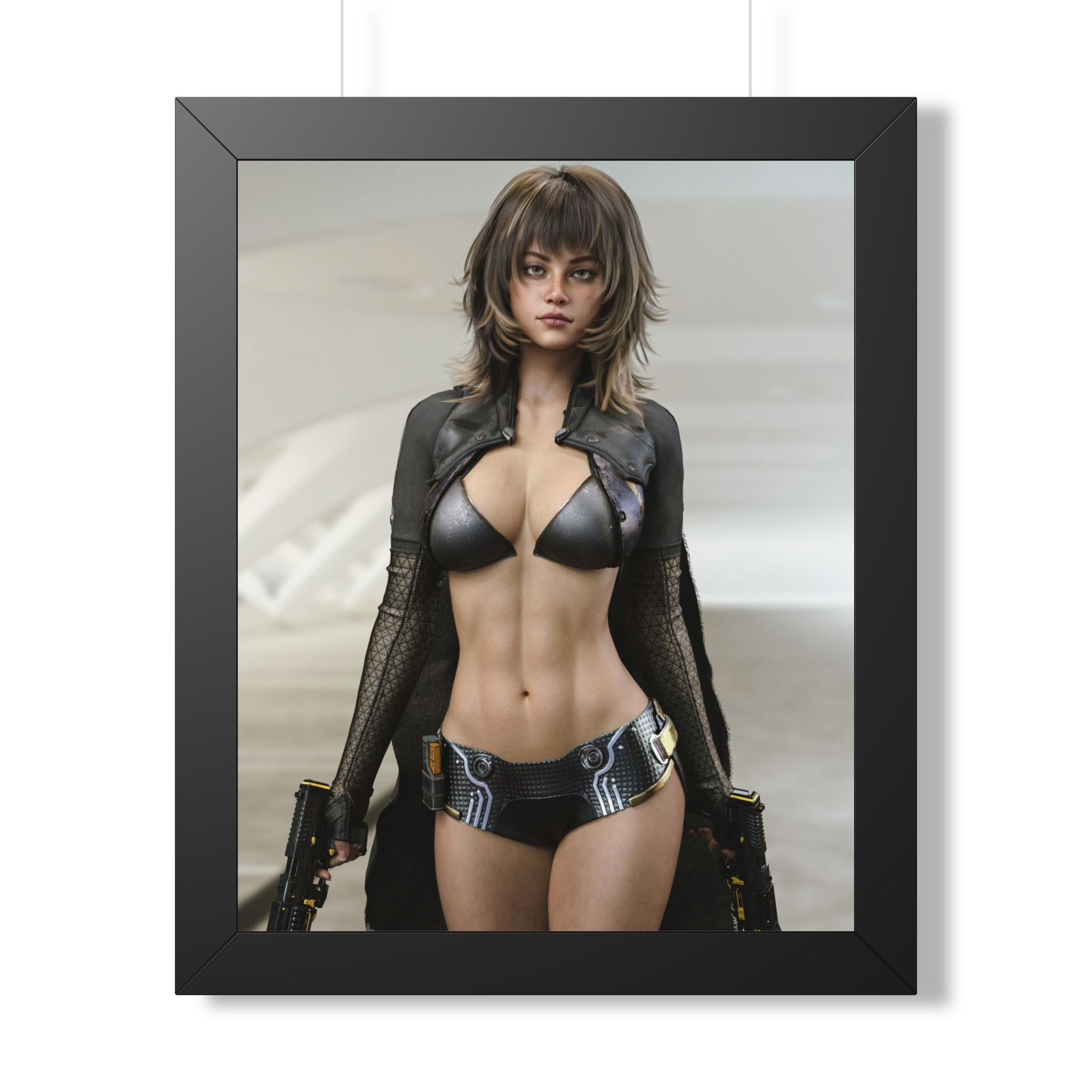 Framed Poster — Futuristic Female Warrior Art Print- No AI - Human created illustration art