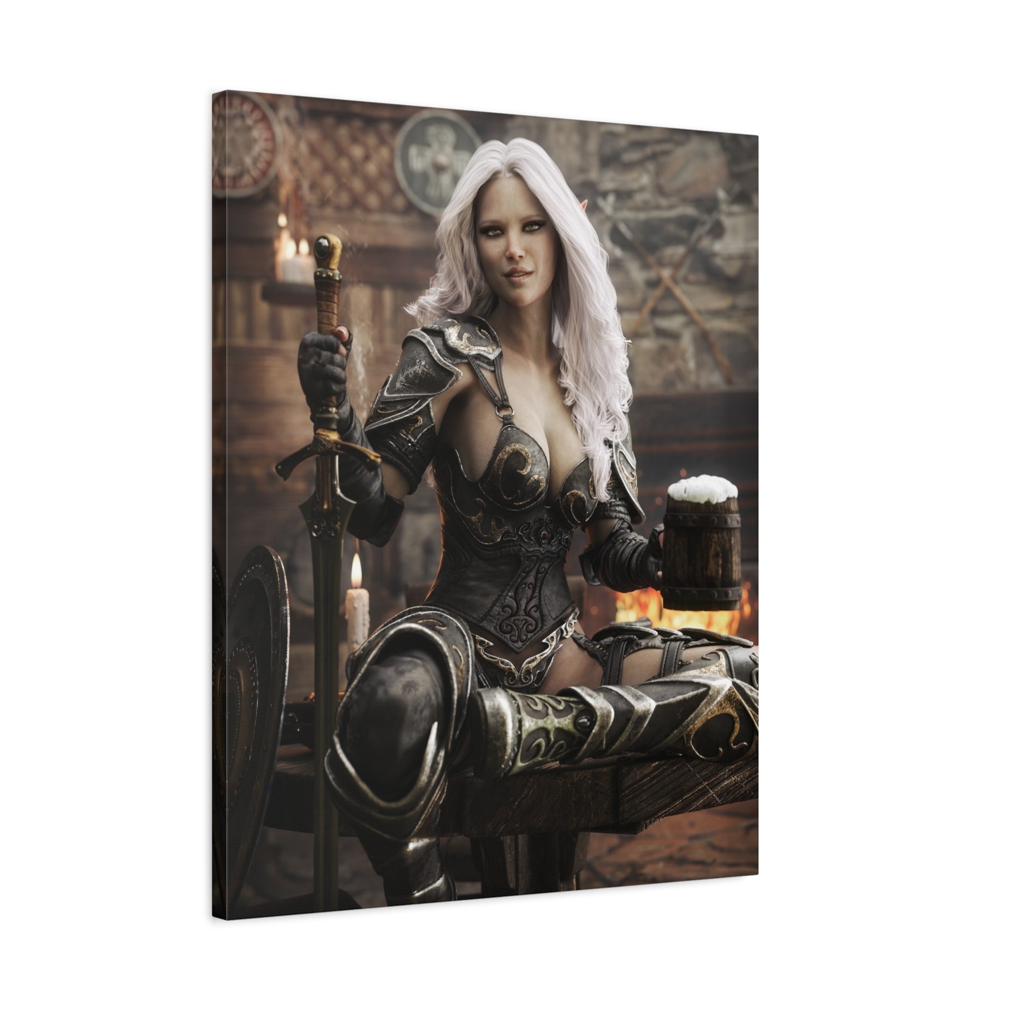 Fantasy Warrior Woman Canvas Print — Armored Dark elf in Tavern Portrait-No AI- Human created illustration art
