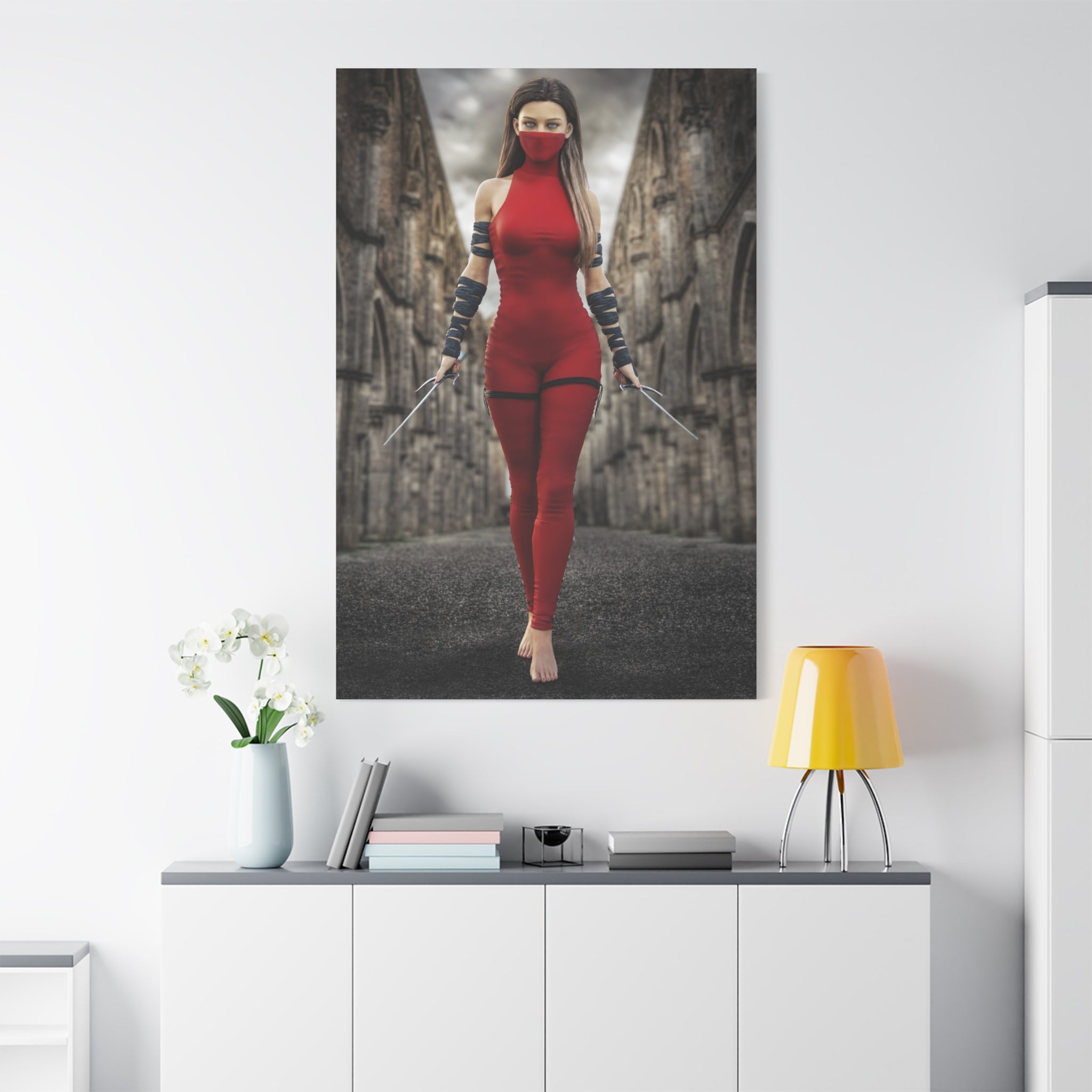 Red Assassin Canvas Wall Art | Fantasy Female Rogue & Ninja Artwork