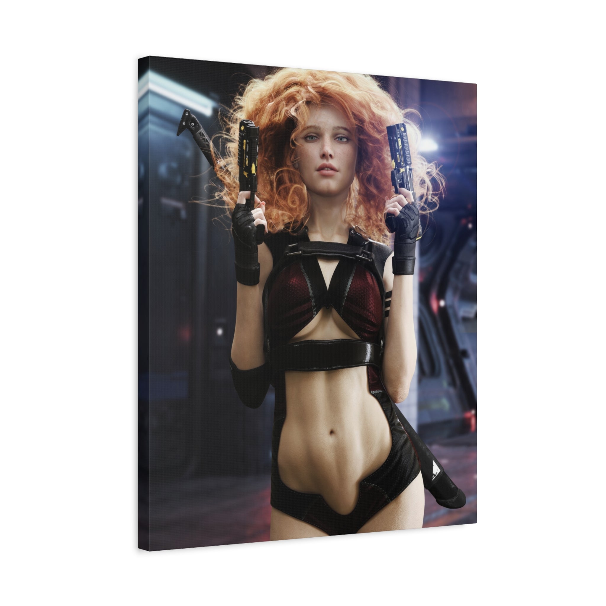 Sci‑Fi Femme Fatale Canvas Print — Red‑Haired Space Gunslinger Matte Stretched- No AI - Human created illustration art
