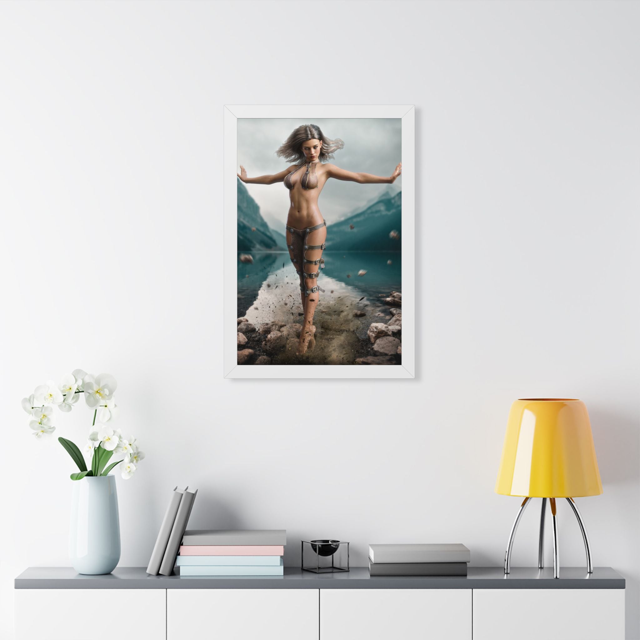 Framed Poster — Ethereal Goddess Sorceress Lake Art Print -No AI- Human created illustration art