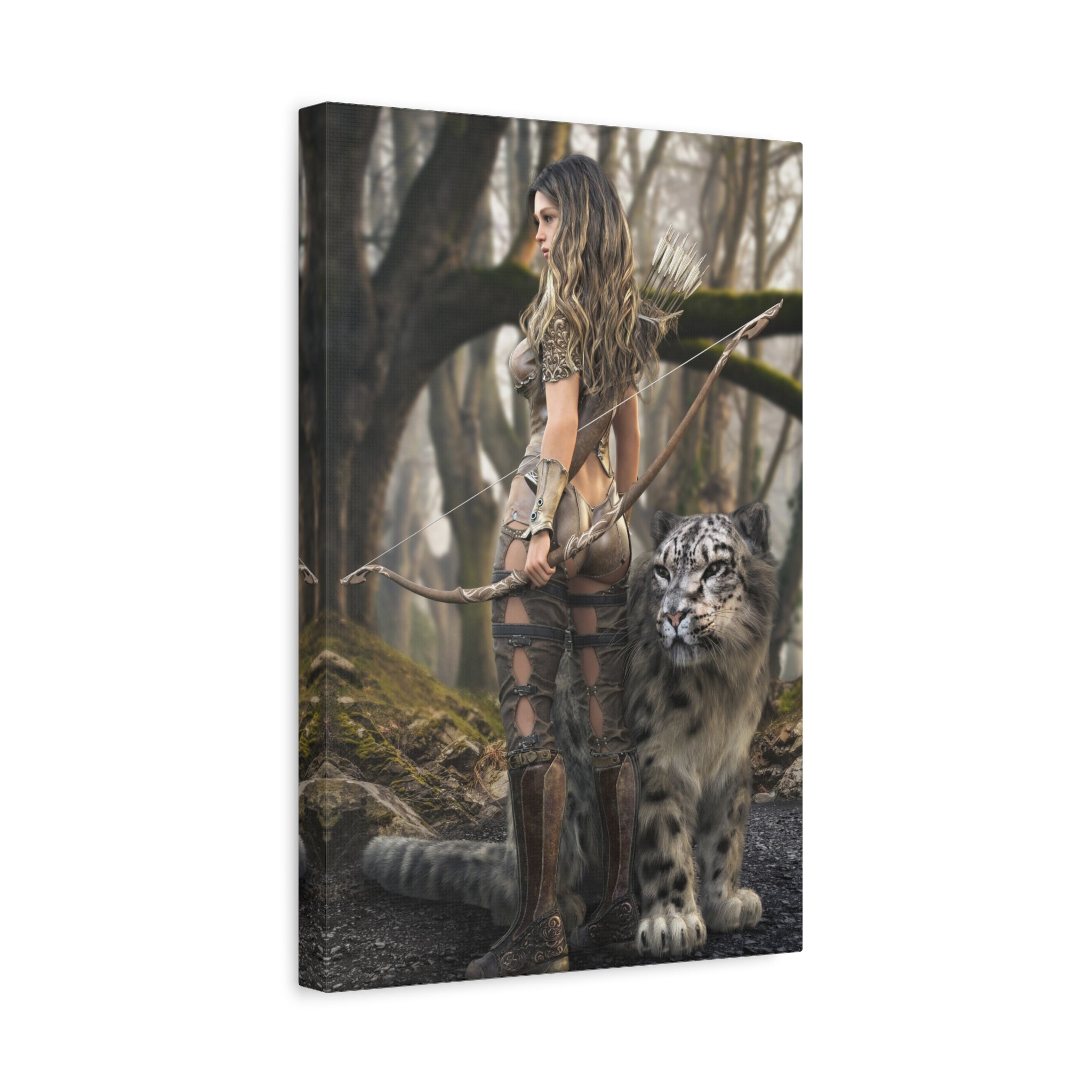 Fantasy Archer Warrior with  Leopard - Matte Stretched Canvas Wall Art - No ai - human created illustration art.