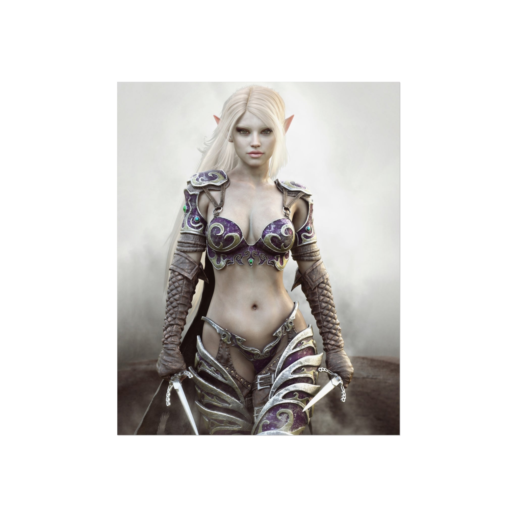 Fantasy Dark Elf Warrior Fine Art Poster — Mystical Female Elf Armor Wall Art- No AI - Human created illustration art
