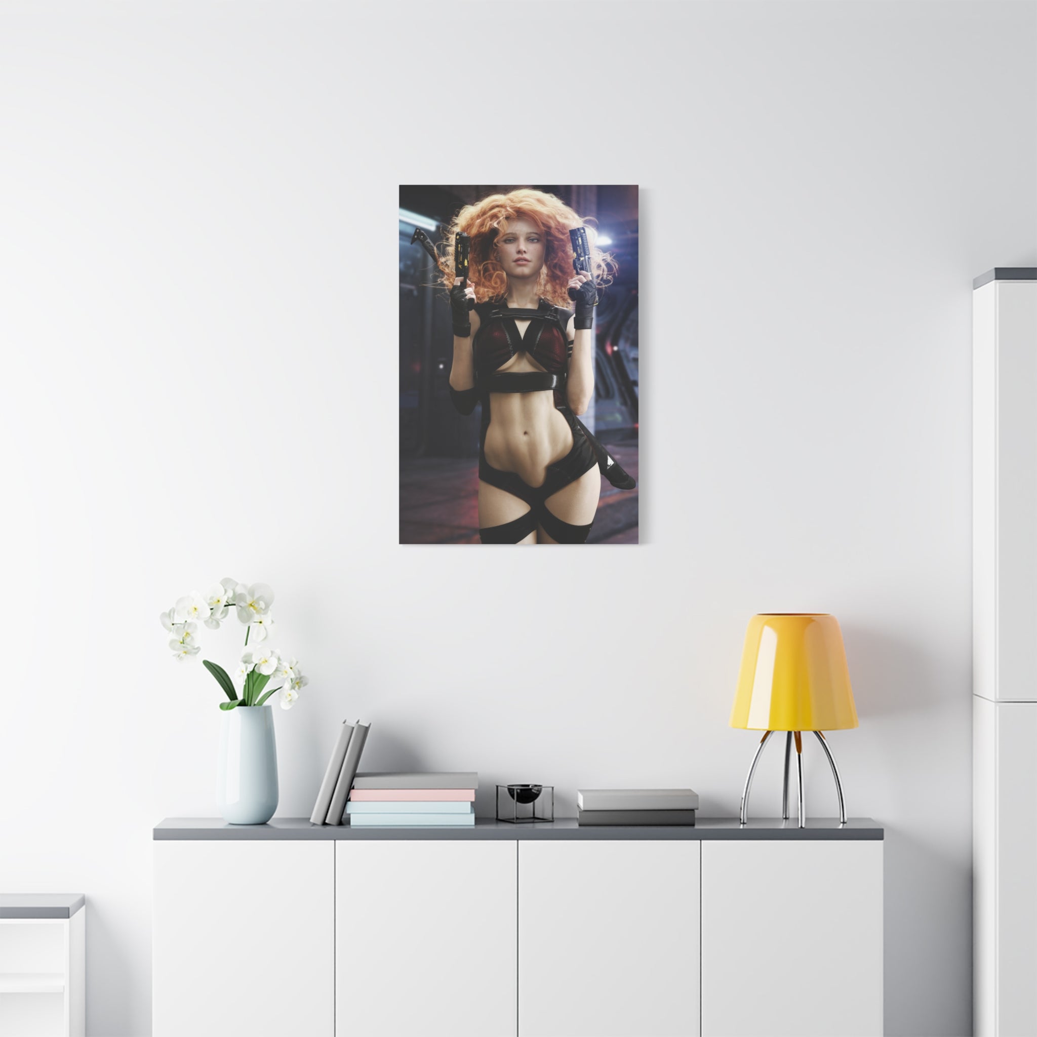 Sci‑Fi Femme Fatale Canvas Print — Red‑Haired Space Gunslinger Matte Stretched- No AI - Human created illustration art