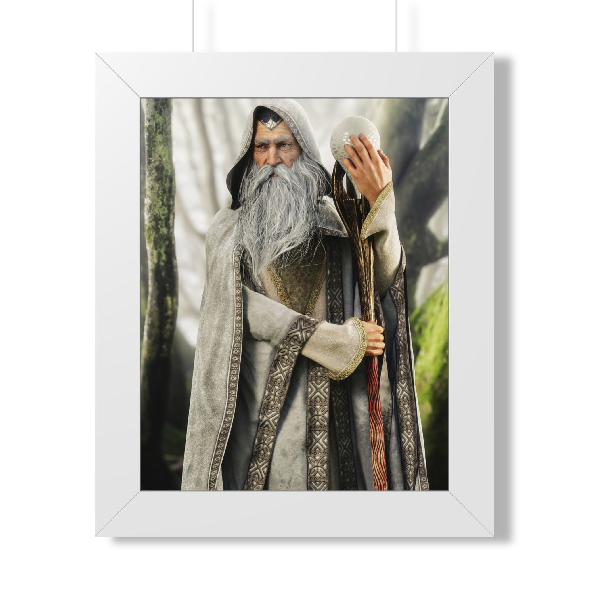 Framed Poster — Wise Wizard with Staff Fantasy Art- No ai - Human created illustration art