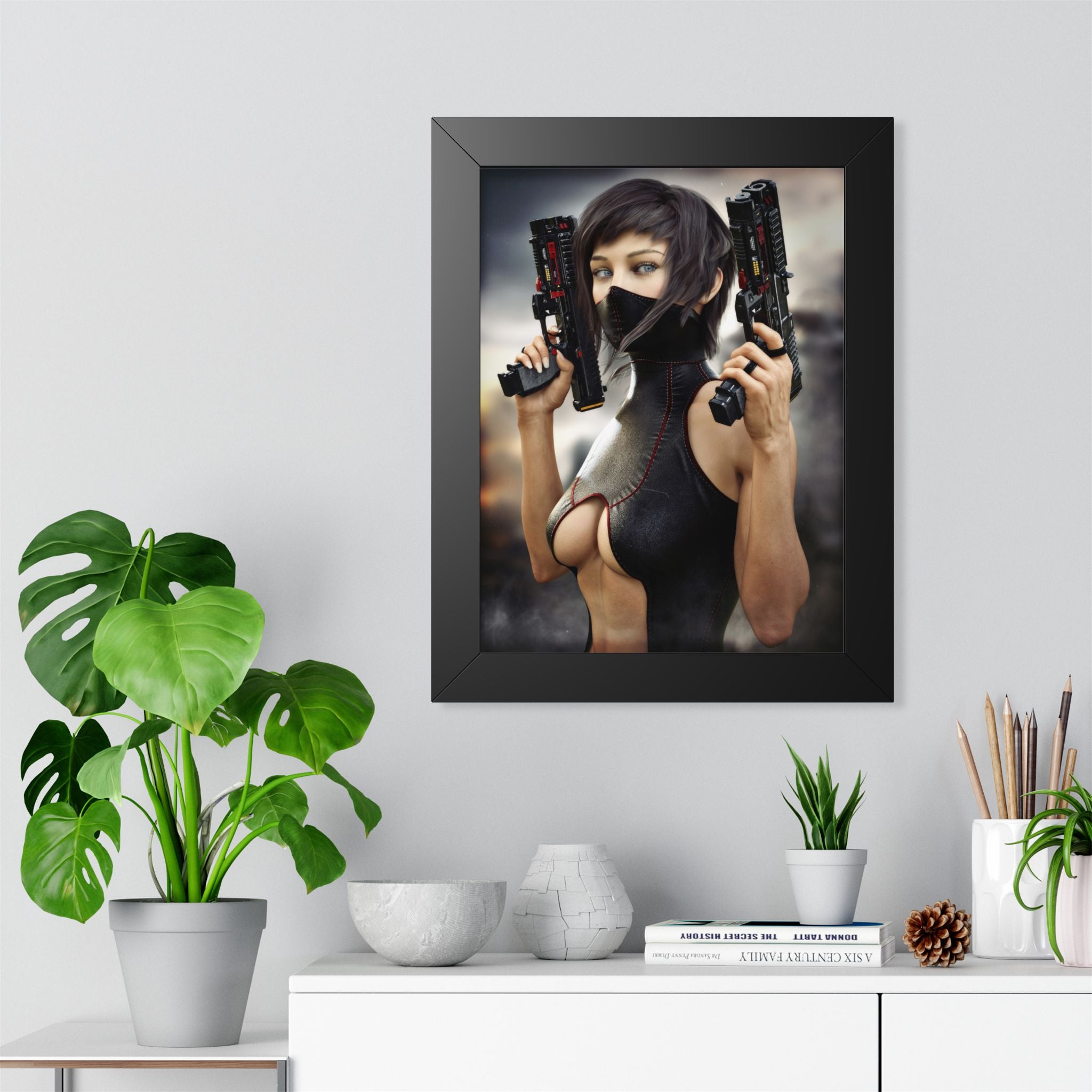 Framed Poster — Cyberpunk Female Assassin Art Print - No AI - Human created illustration art