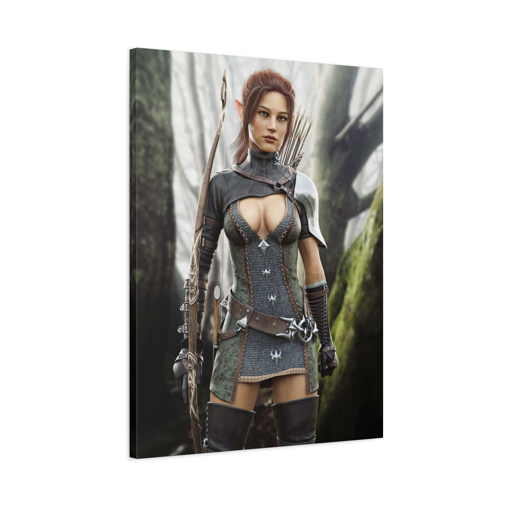Fantasy Wood Elf Archer Warrior Canvas Print — Matte Stretched Wall Art - No Ai - human created illustration art