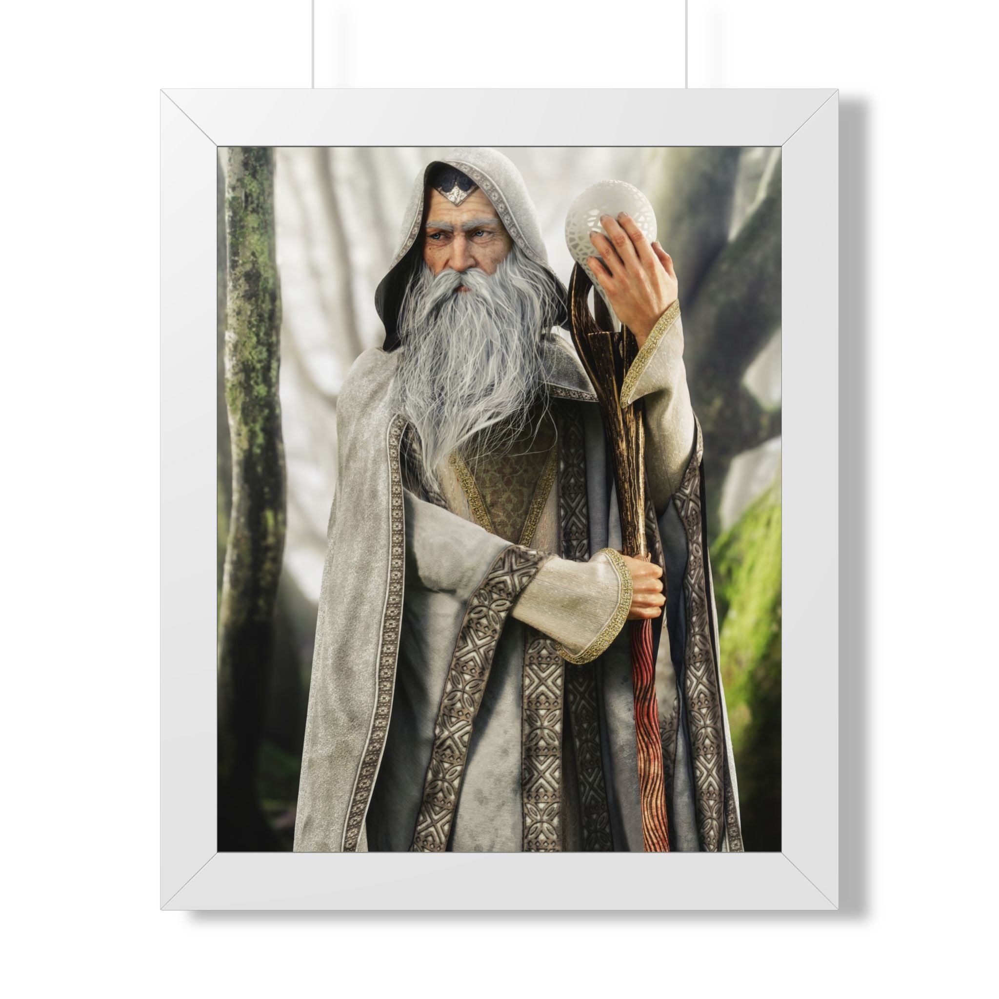 Framed Poster — Wise Wizard with Staff Fantasy Art- No ai - Human created illustration art