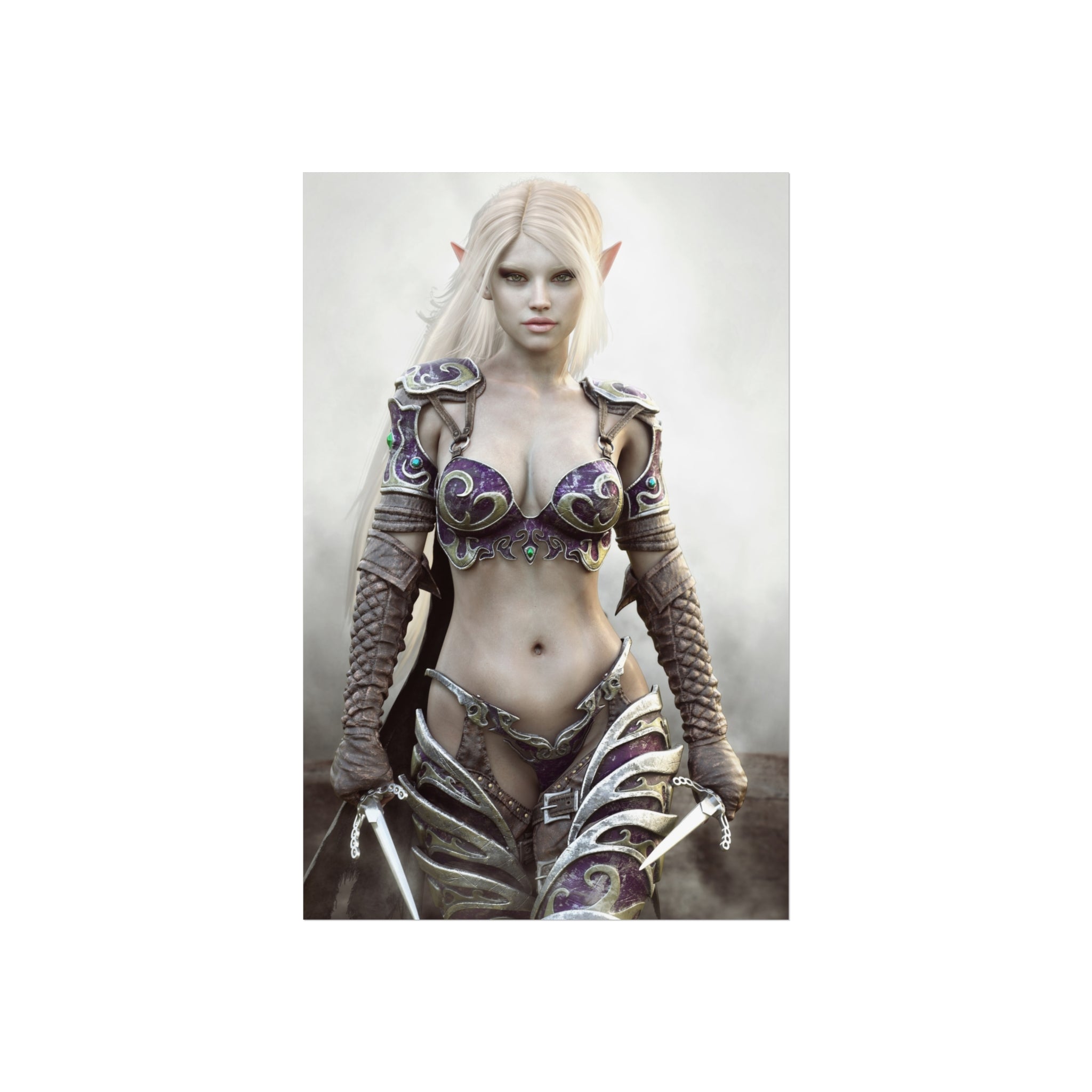 Fantasy Dark Elf Warrior Fine Art Poster — Mystical Female Elf Armor Wall Art- No AI - Human created illustration art