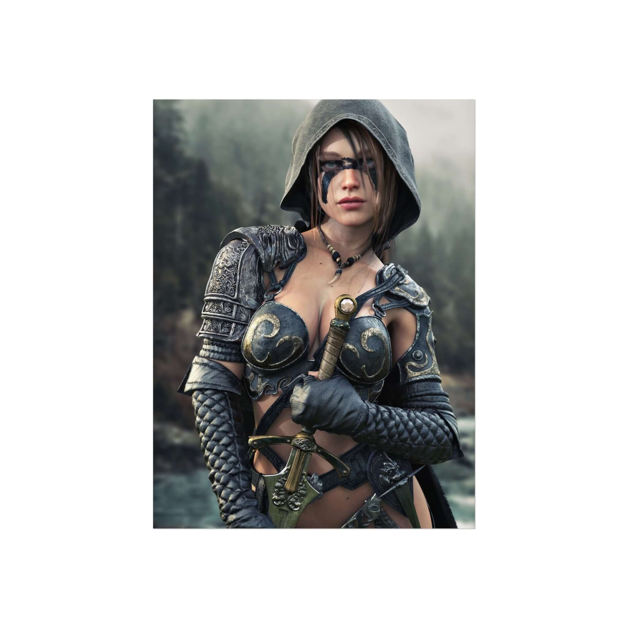 Fantasy ranger wall art Poster featuring a hooded female warrior with face paint, ornate armor, and sword against a misty forest backdrop for fantasy decor.