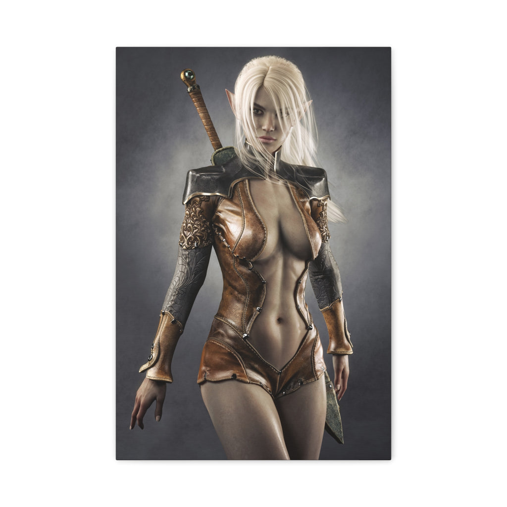 Fantasy Warrior Elf Canvas Print — Sexy Female Swordfighter Matte Stretched Art- No AI- Human created illuration art