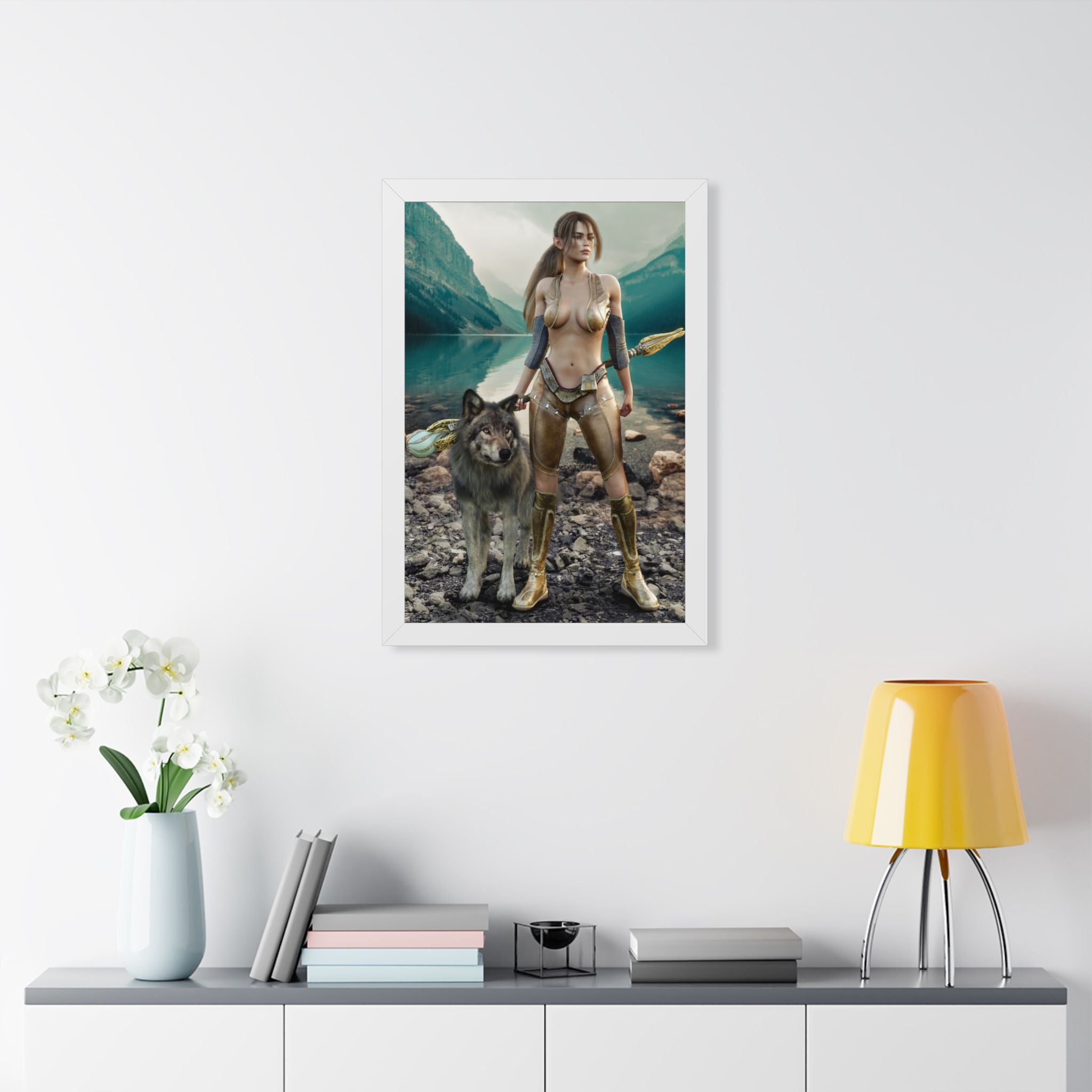 Druid and Wolf Fantasy Framed Wall Art | Elven Guardian Nature Warrior