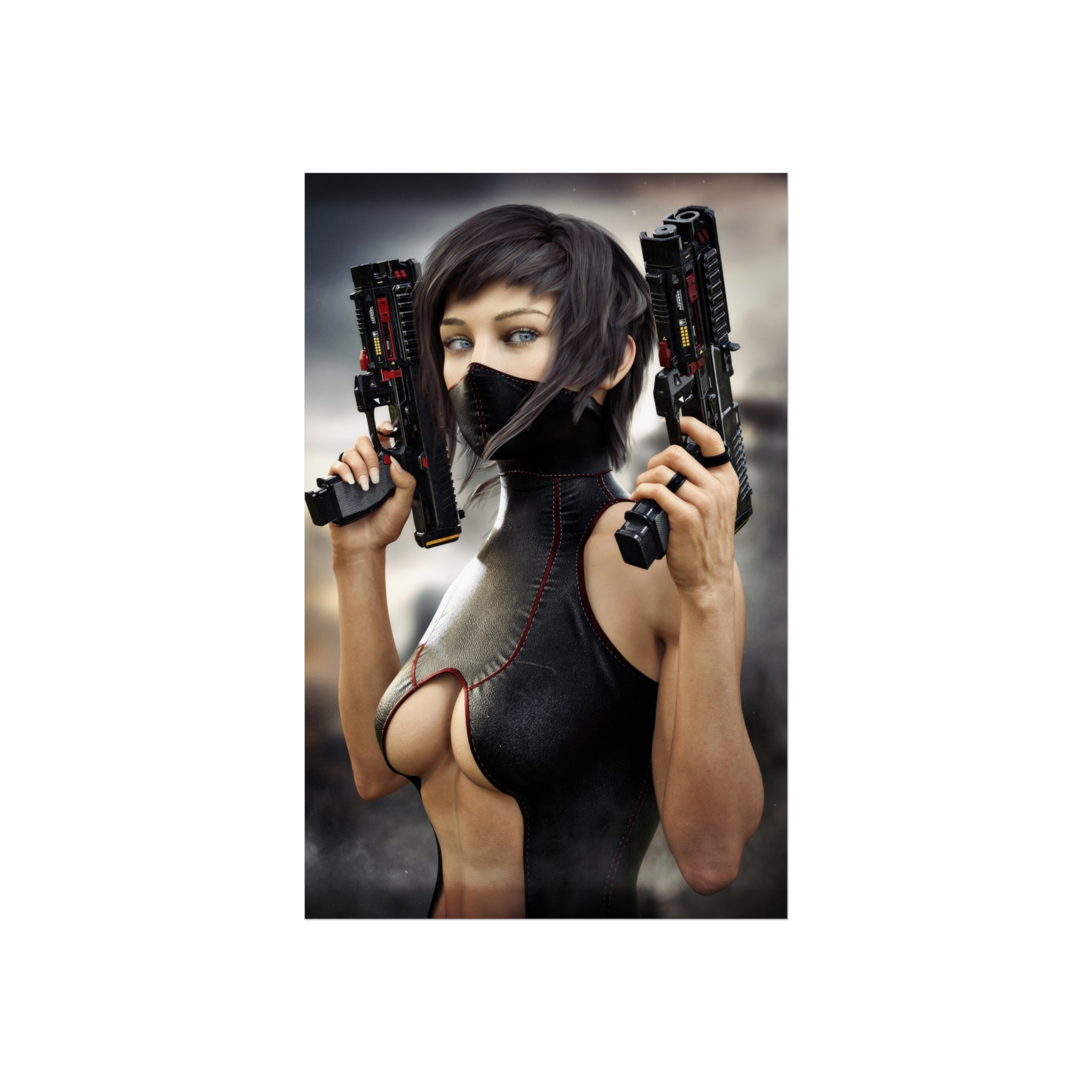 Cyberpunk Assassin Fine Art Poster — Futuristic Female Gunslinger Wall Art- No AI -Human created illustration art
