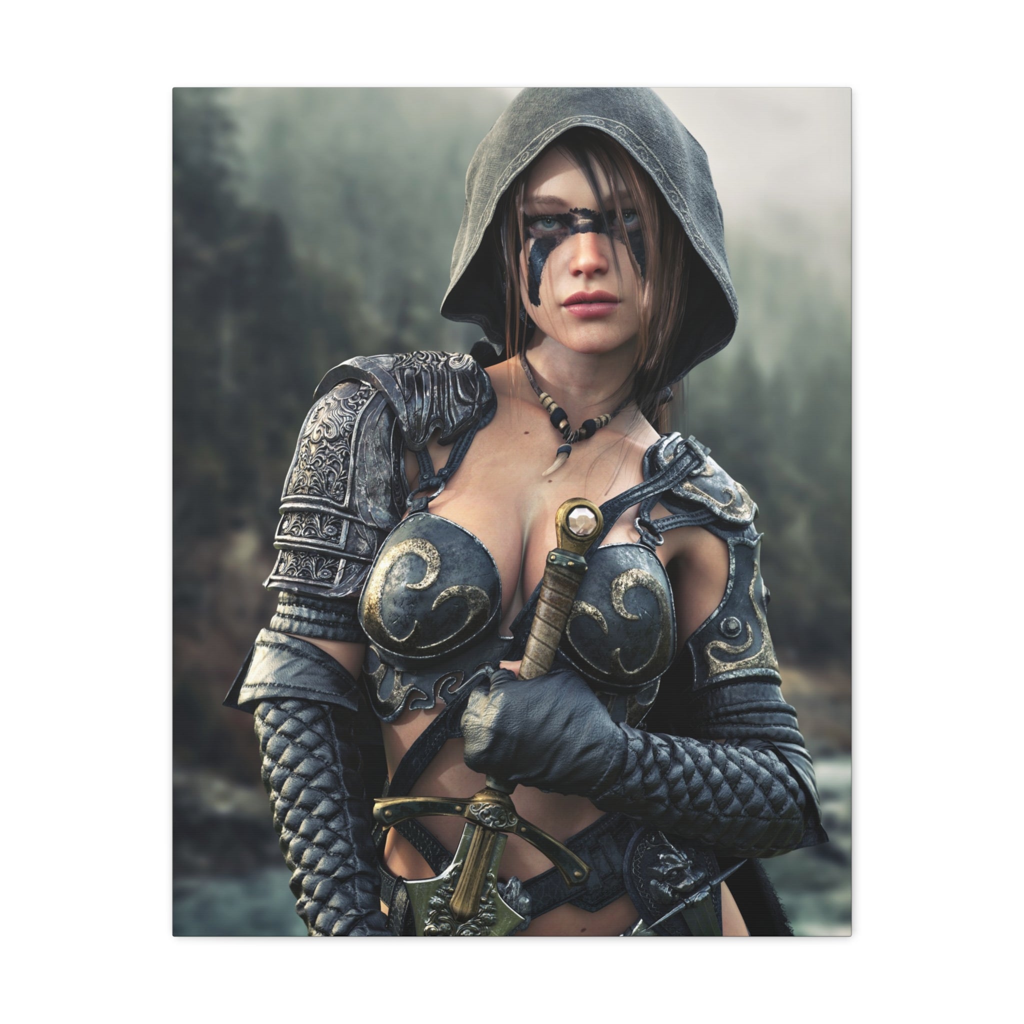 Fantasy ranger wall art featuring a hooded female warrior with face paint, ornate armor, and sword against a misty forest backdrop for fantasy decor.