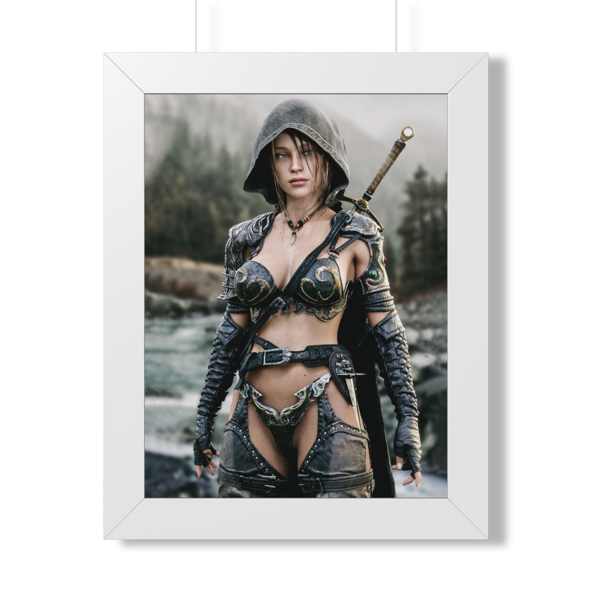 Framed Poster - Fantasy Female Ranger Warrior Art (Vertical) - No AI- Human created illustration art