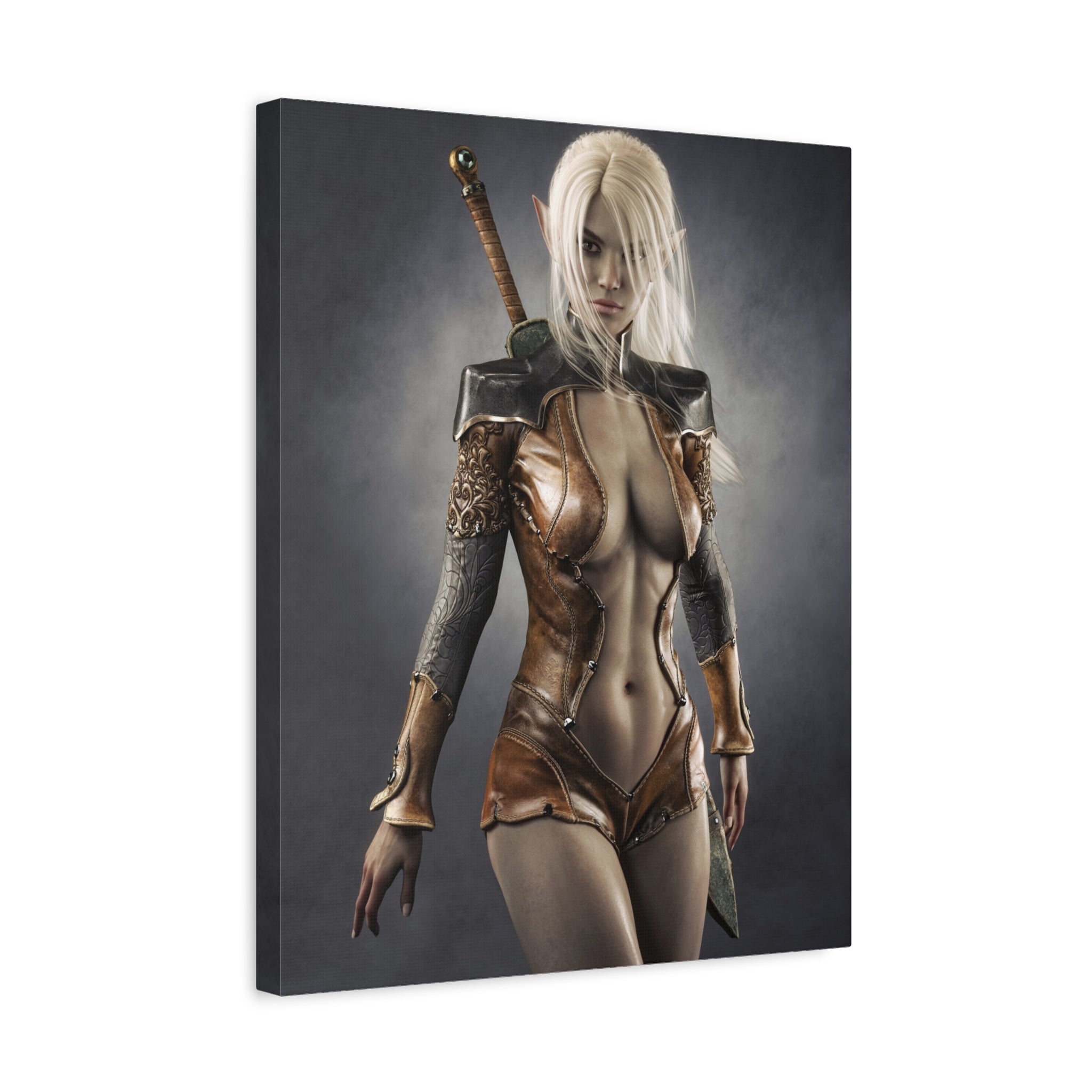 Fantasy Warrior Elf Canvas Print — Sexy Female Swordfighter Matte Stretched Art- No AI- Human created illuration art