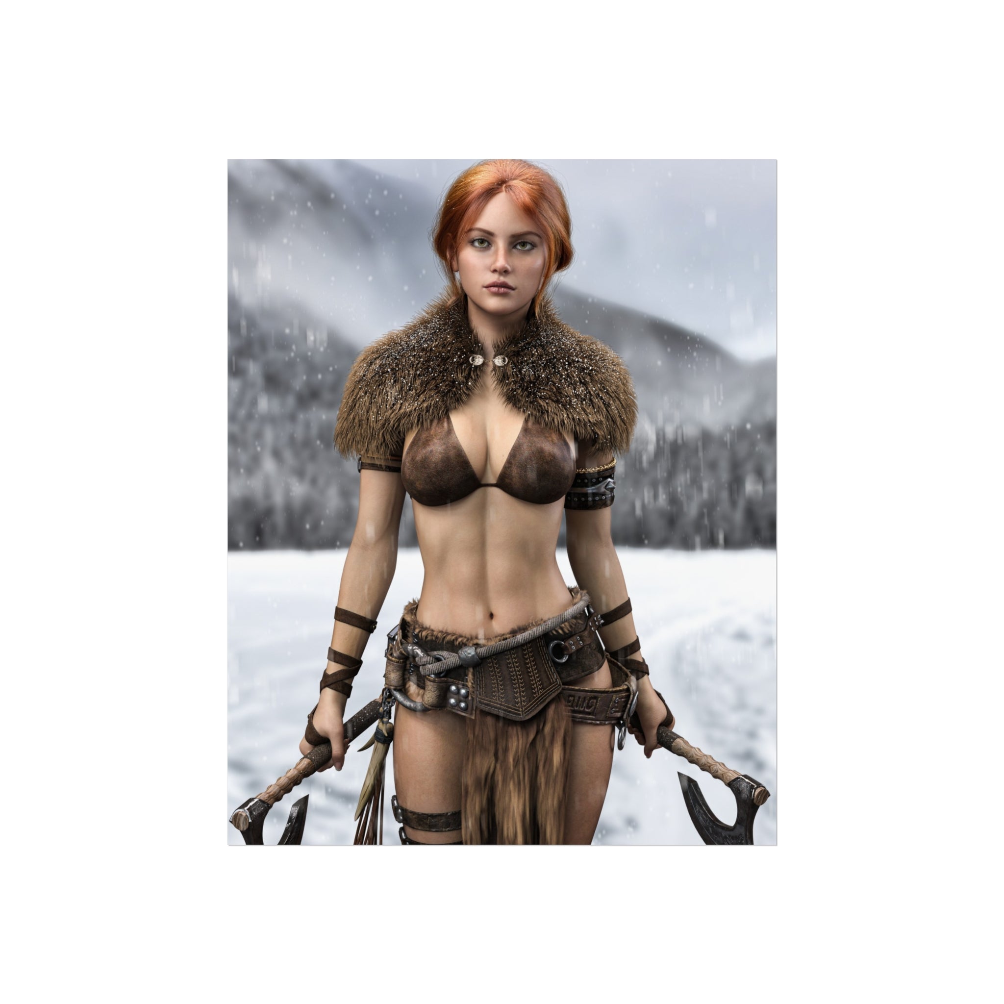 Viking Warrior Woman Fine Art Poster — Red-Haired Norse Axe Fighter Print- No AI- Human created illustration art