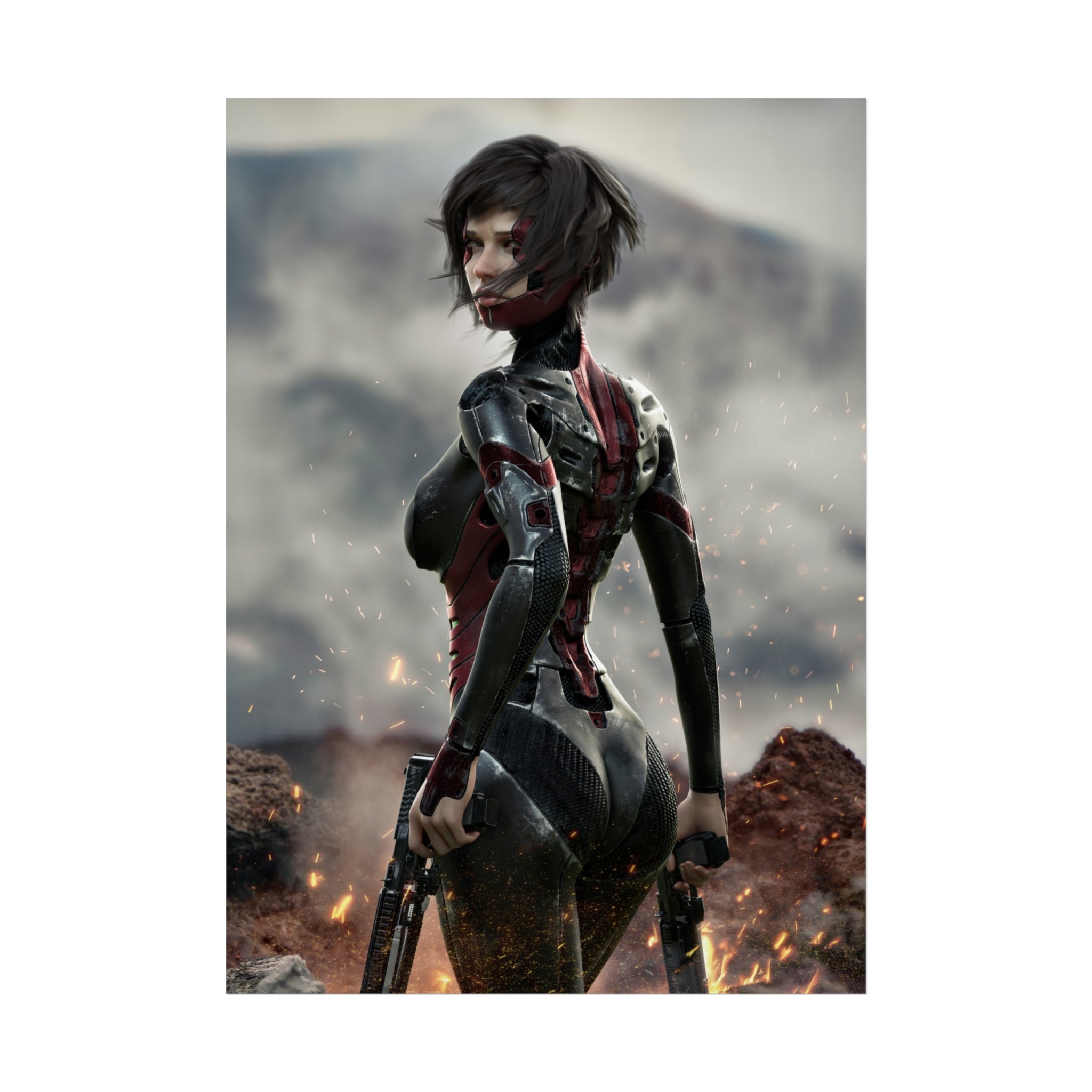 Sci‑Fi Warrior Fine Art Poster — Cybernetic Female Soldier Wall Art- No AI - Human created illustration art