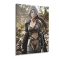 A hand-crafted fantasy illustration of a hooded female ranger wearing ornate medieval armor while standing beside a mountain river. Detailed leather gear, engraved metal armor, realistic lighting, and a cinematic wilderness backdrop create an immersive fantasy scene filled with adventure, courage, and timeless heroic storytelling.