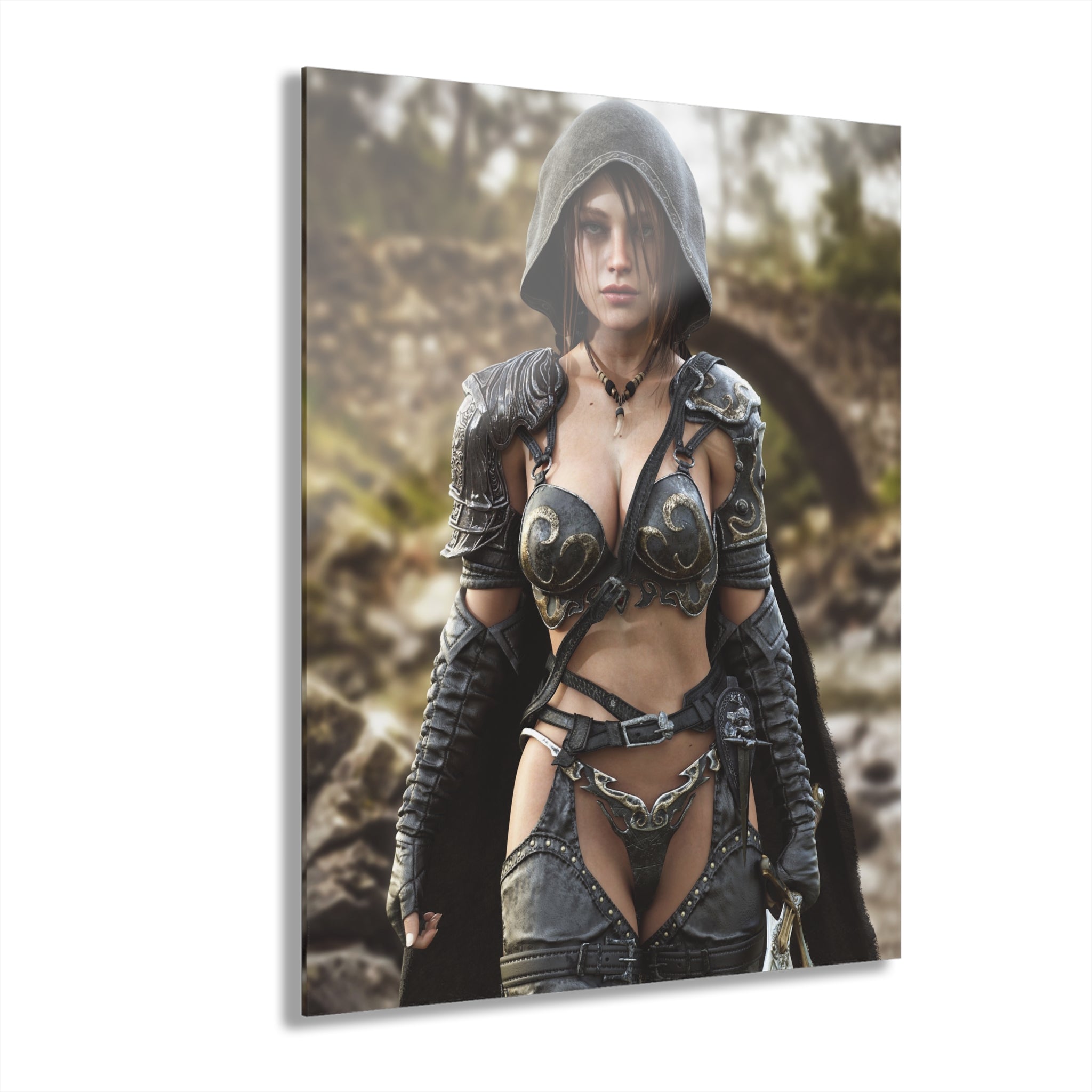 A hand-crafted fantasy illustration of a hooded female ranger wearing ornate medieval armor while standing beside a mountain river. Detailed leather gear, engraved metal armor, realistic lighting, and a cinematic wilderness backdrop create an immersive fantasy scene filled with adventure, courage, and timeless heroic storytelling.