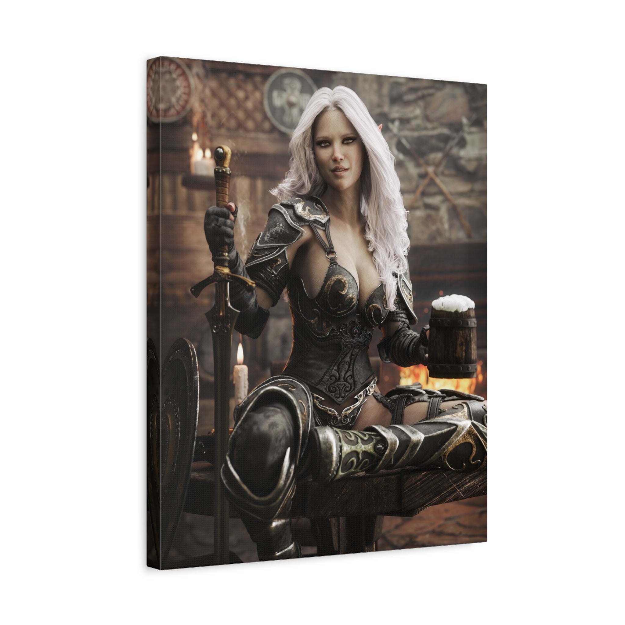 Fantasy Warrior Woman Canvas Print — Armored Dark elf in Tavern Portrait-No AI- Human created illustration art