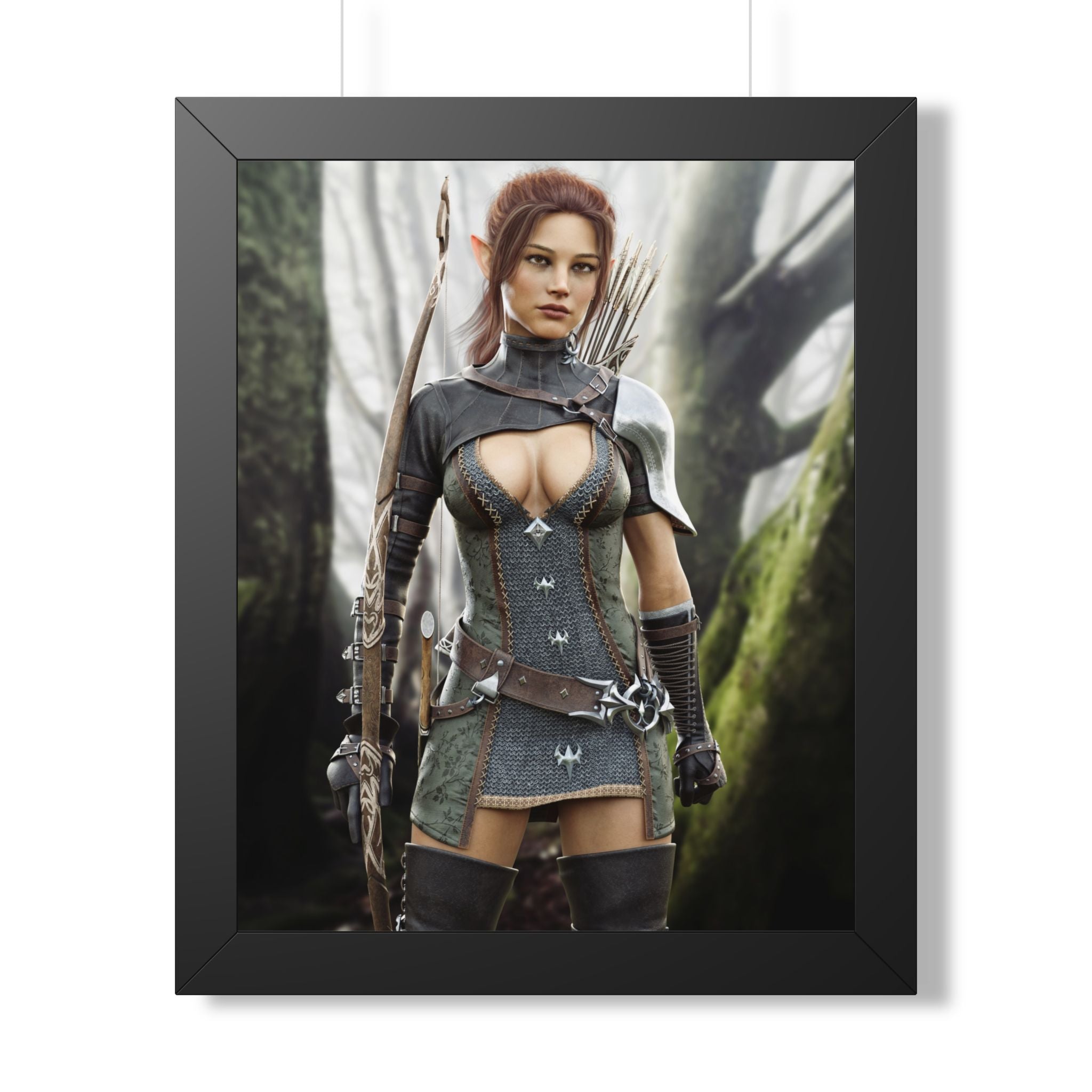 Fantasy Wood Elf Archer Framed Poster — Female Ranger Wall Art - No AI human created illustration art