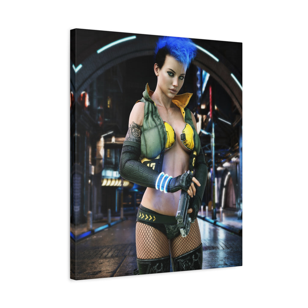 Cyberpunk Femme Fatale Canvas Print — Matte Stretched Wall Art -No AI- Human created illustration art