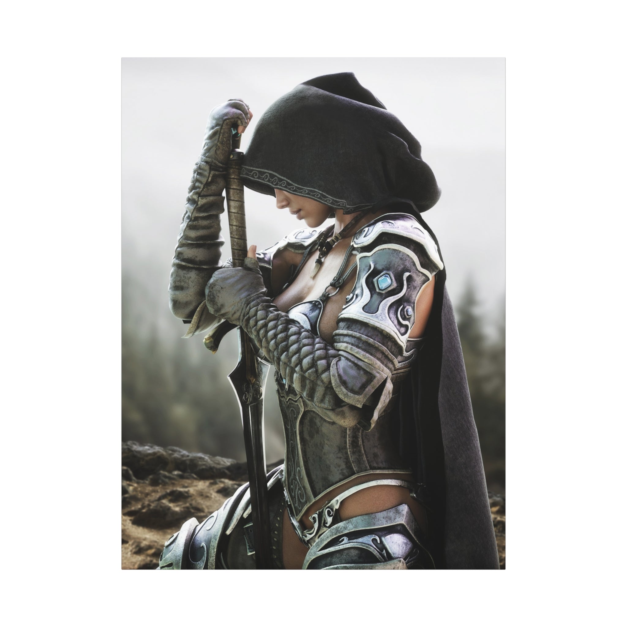 Fantasy Warrior Canvas Print — Hooded Female Knight Matte Stretched Wall Art- No AI- Human created fantasy art