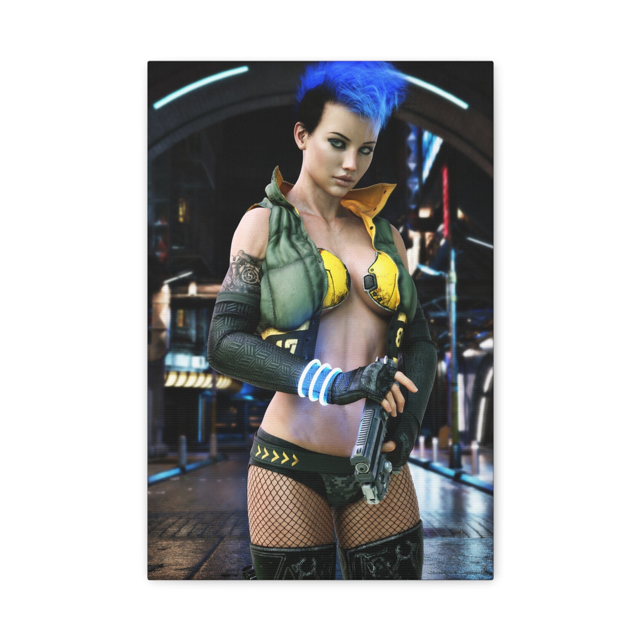 Cyberpunk Femme Fatale Canvas Print — Matte Stretched Wall Art -No AI- Human created illustration art
