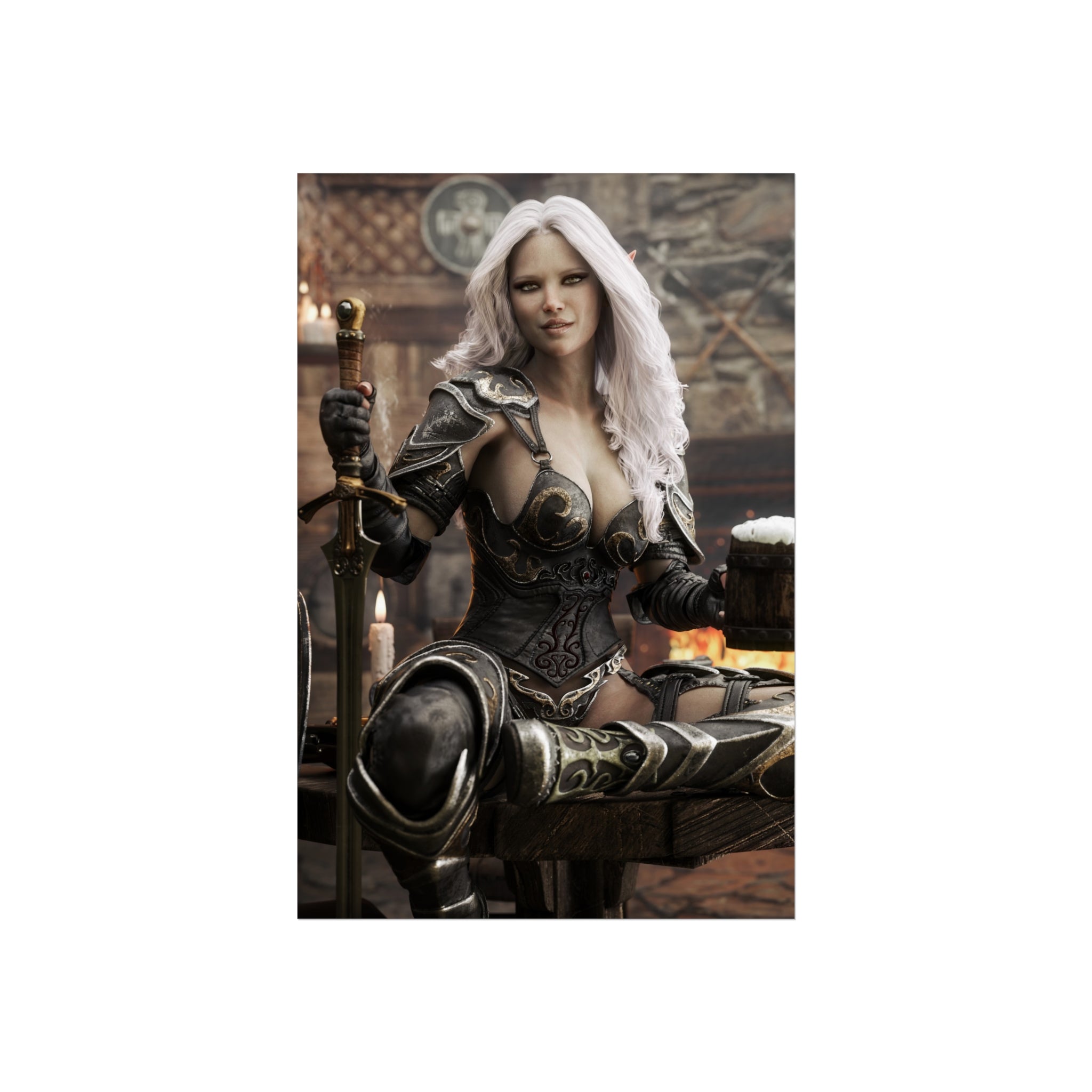 Fantasy Warrior Woman Fine Art Poster — Armored Dark elf Tavern Scene- No AI- Human created illustraion