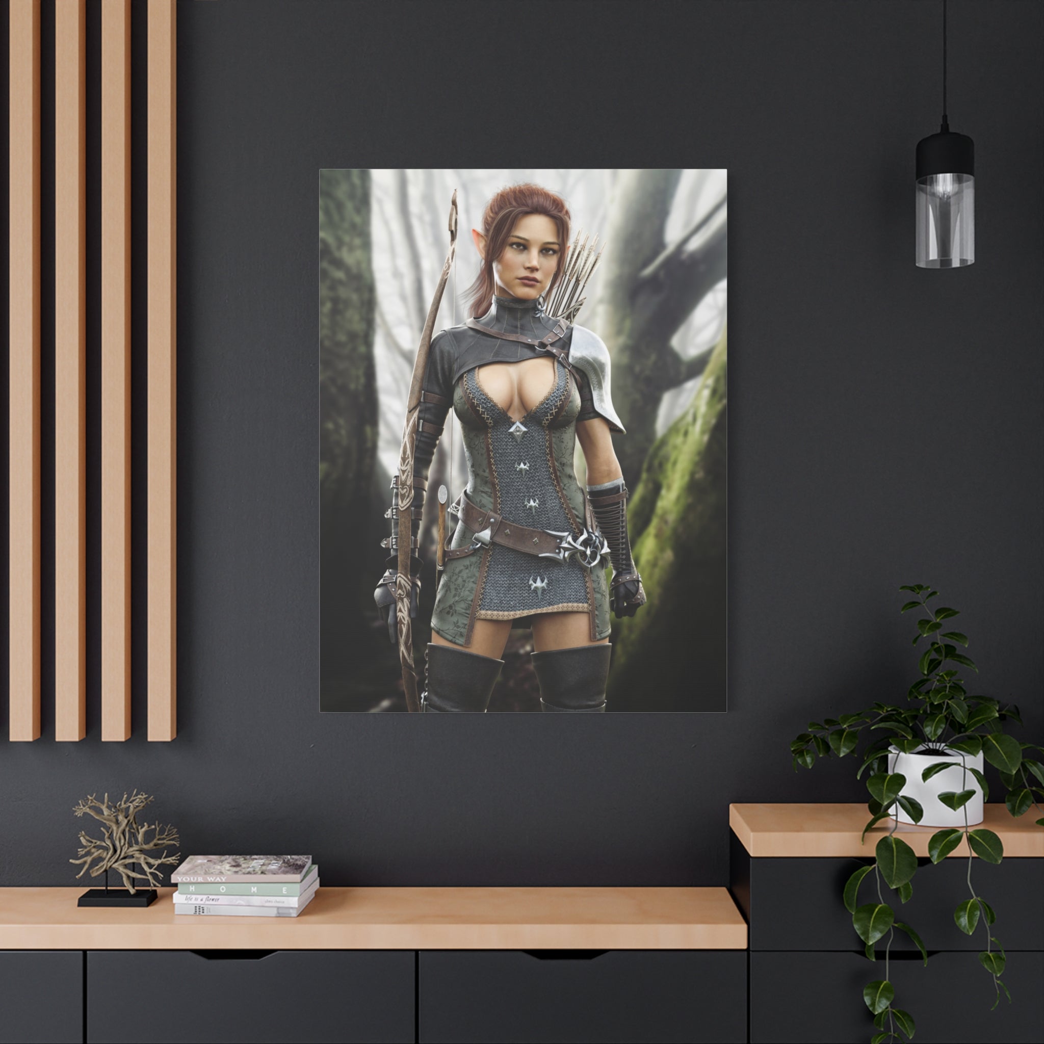 Fantasy Wood Elf Archer Warrior Canvas Print — Matte Stretched Wall Art - No Ai - human created illustration art