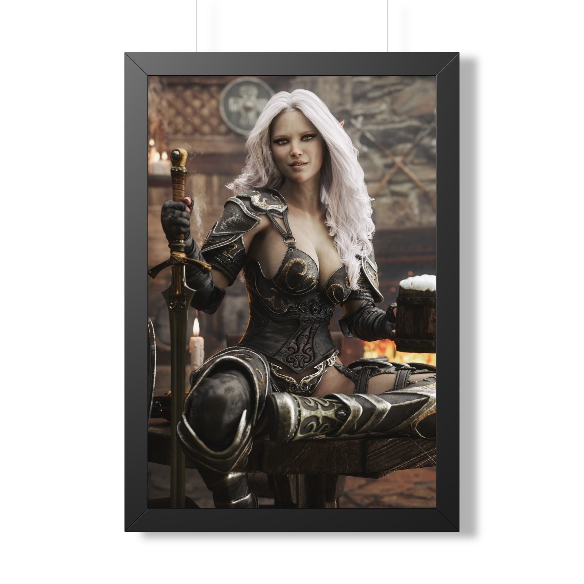 Fantasy Warrior Woman Framed Poster — Medieval Armor in Tavern Art Print- No AI- Human created illustration art