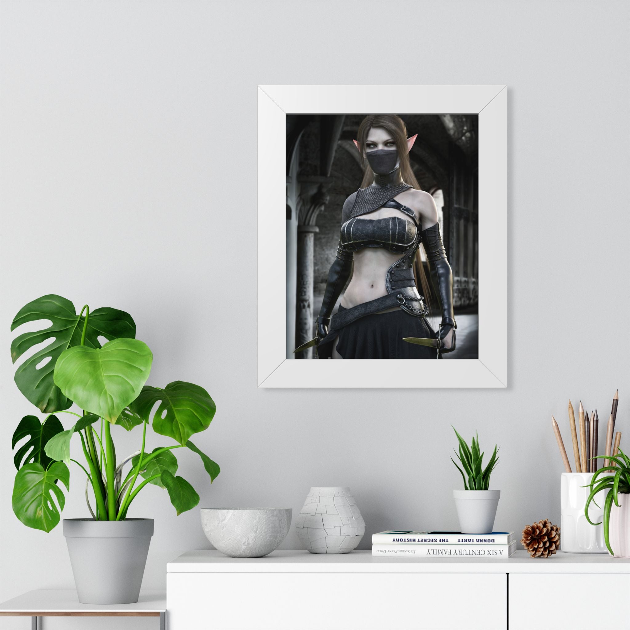 Framed Poster — Dark Fantasy Elf Assassin Wall Art (Vertical)