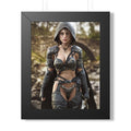 Fantasy wall art featuring a hooded female ranger in ornate armor, carrying a sword through a woodland path in a richly detailed adventure scene.