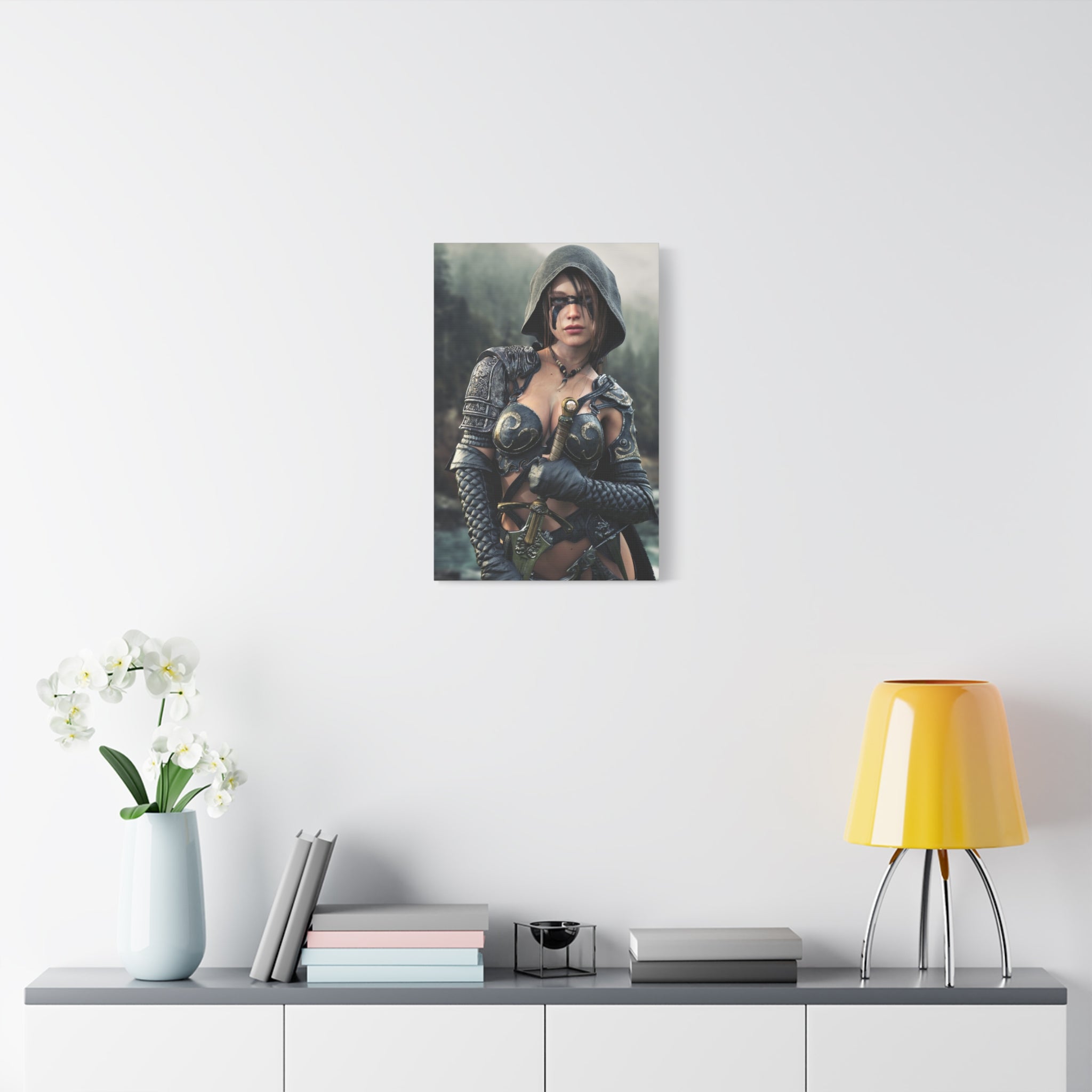 Fantasy ranger wall art featuring a hooded female warrior with face paint, ornate armor, and sword against a misty forest backdrop for fantasy decor.