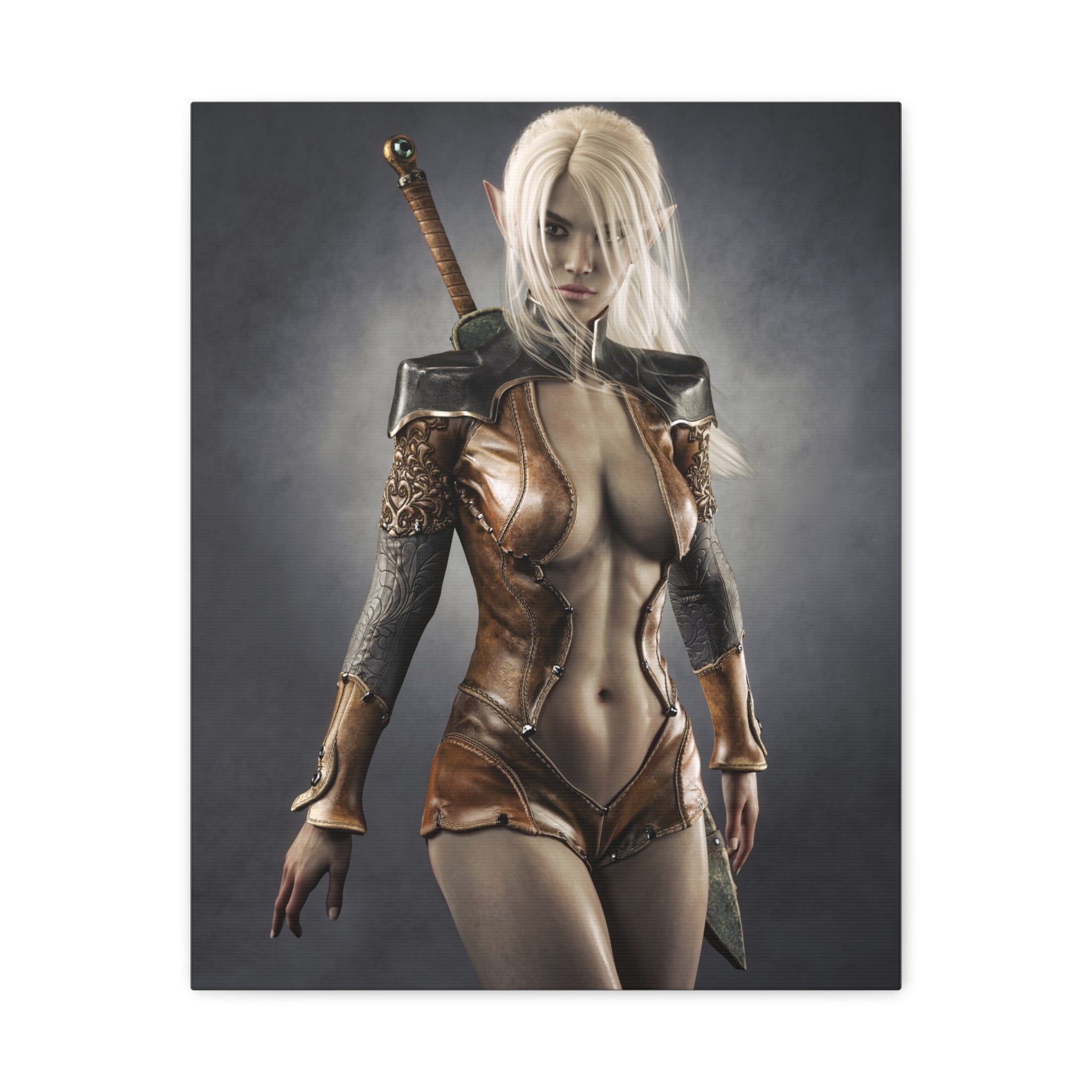 Fantasy Warrior Elf Canvas Print — Sexy Female Swordfighter Matte Stretched Art- No AI- Human created illuration art