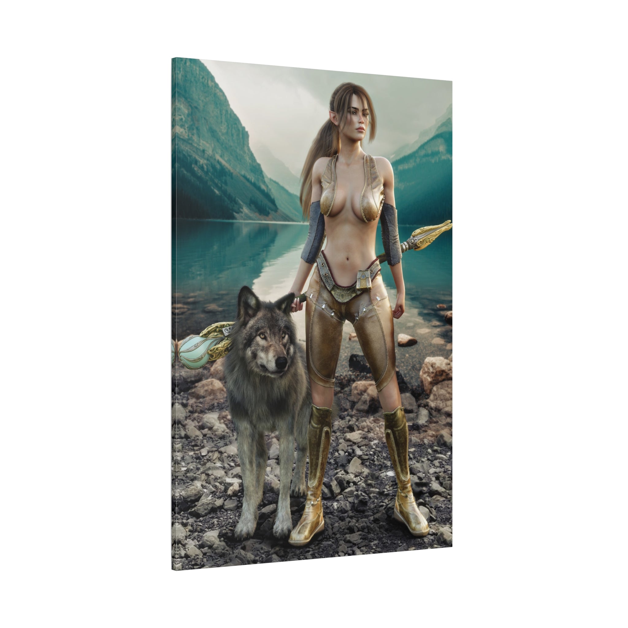 Druid and Wolf Fantasy Canvas Wall Art | Elven Guardian Nature Warrior