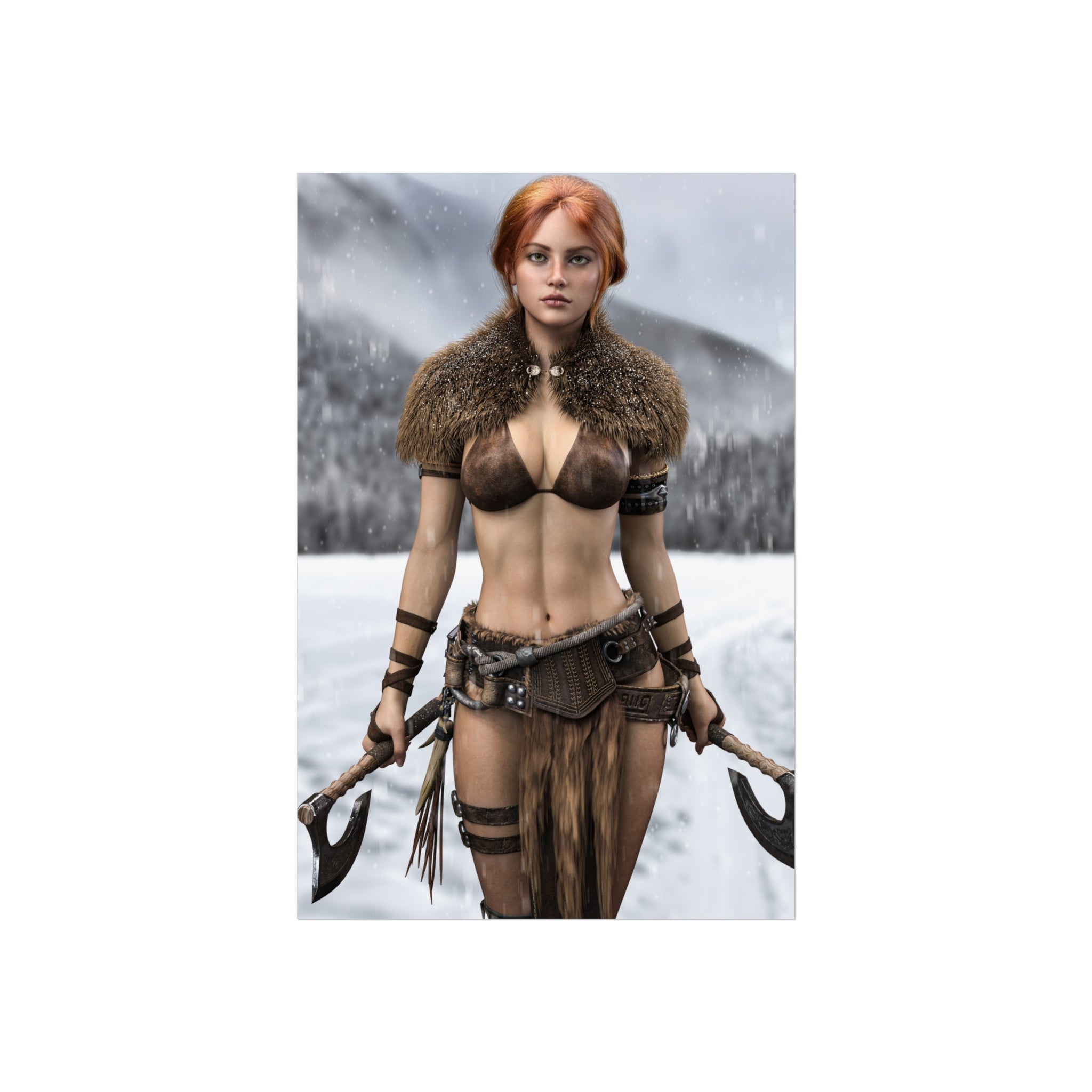 Viking Warrior Woman Fine Art Poster — Red-Haired Norse Axe Fighter Print- No AI- Human created illustration art