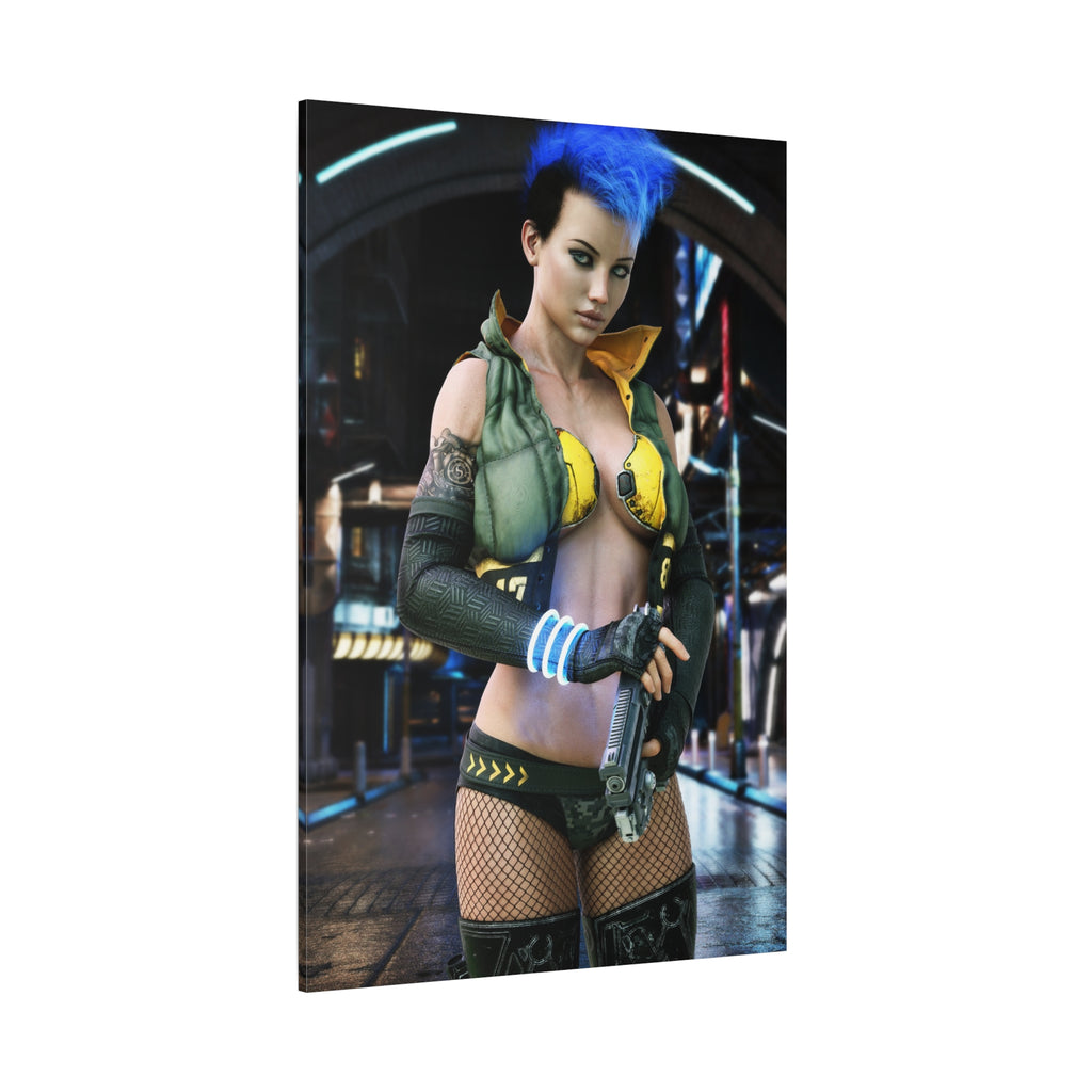 Cyberpunk Femme Fatale Canvas Print — Matte Stretched Wall Art -No AI- Human created illustration art
