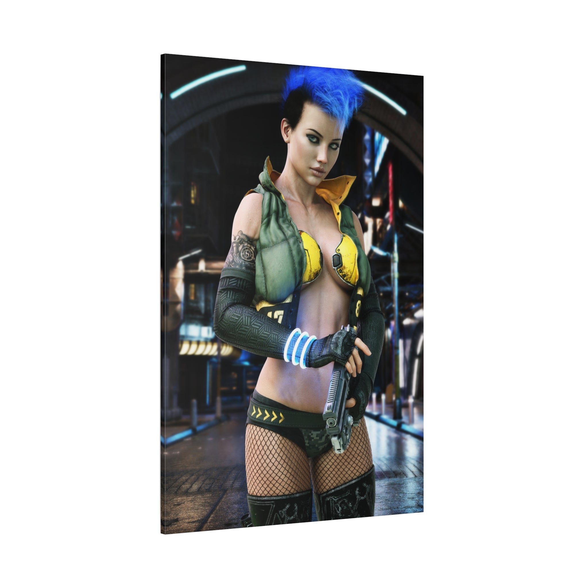 Cyberpunk Femme Fatale Canvas Print — Matte Stretched Wall Art -No AI- Human created illustration art