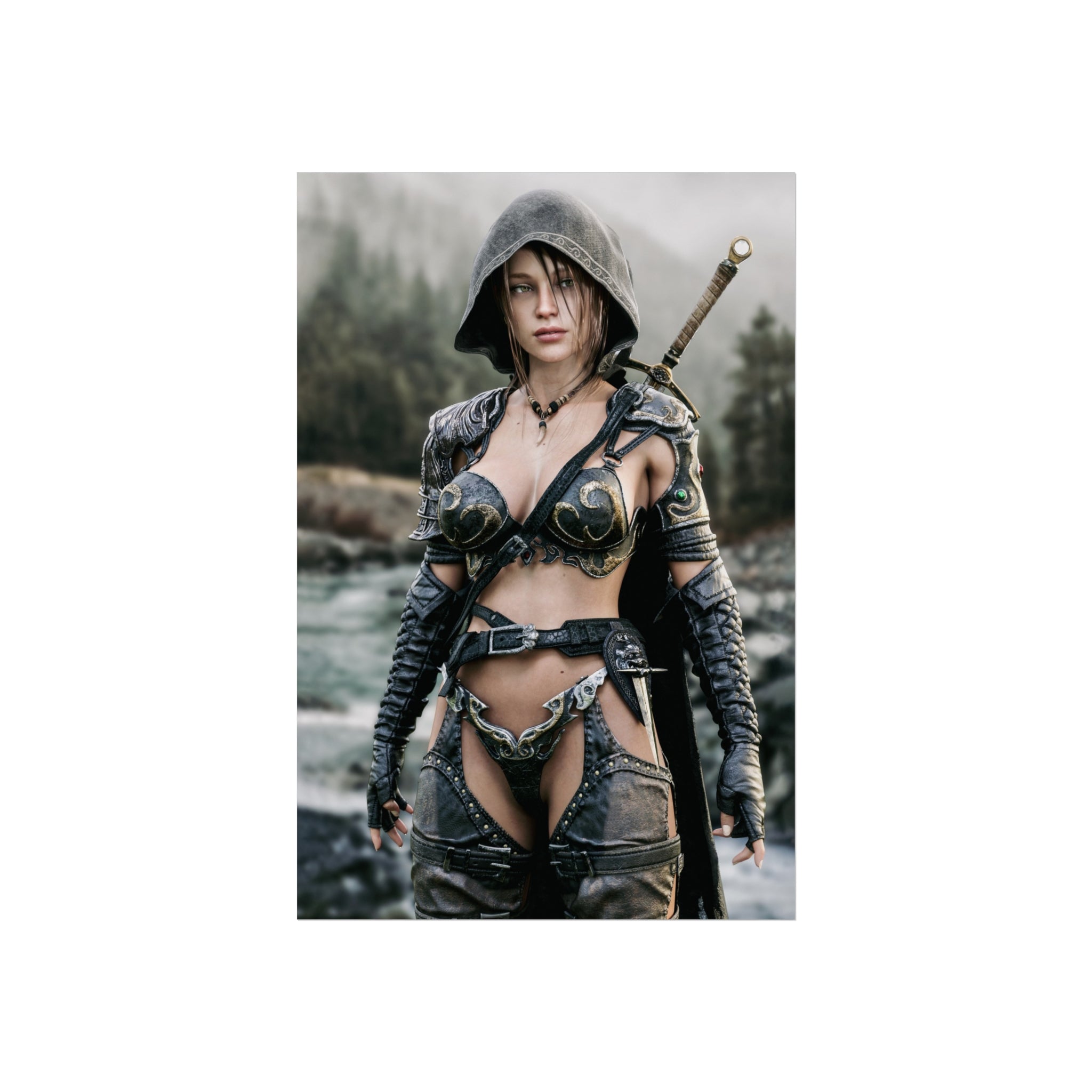 Fantasy Warrior Fine Art Poster — Hooded Female Swordfighter Print - No AI- Human created illustration art