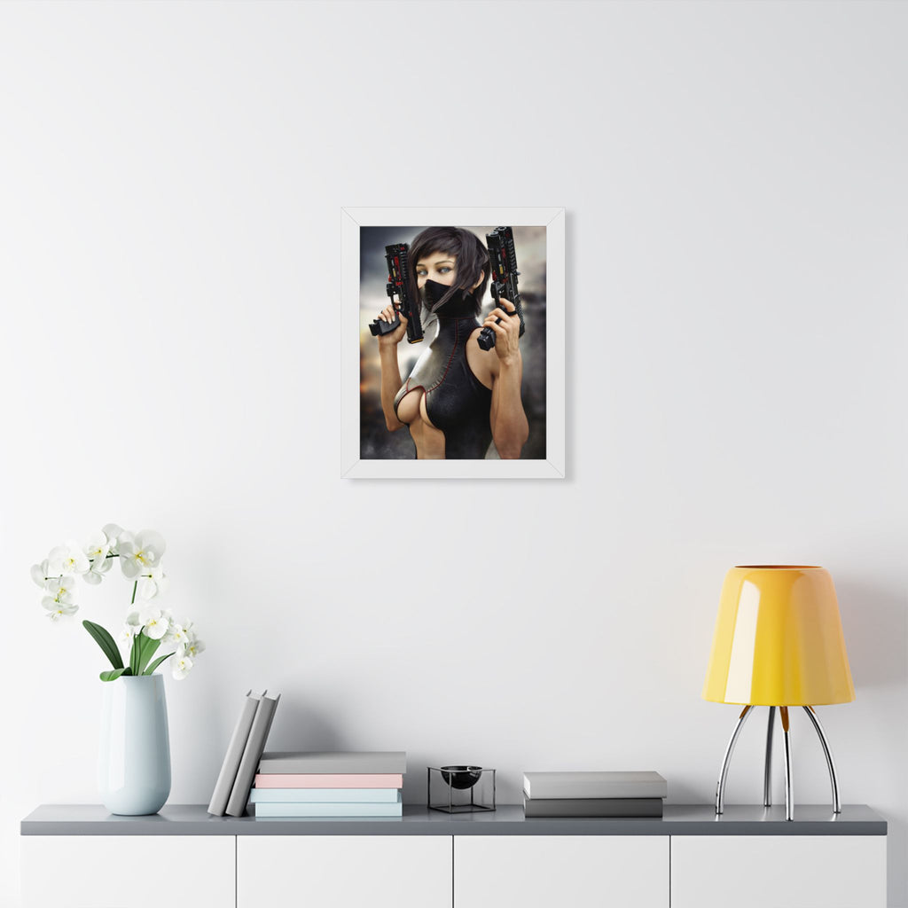 Framed Poster — Cyberpunk Female Assassin Art Print - No AI - Human created illustration art