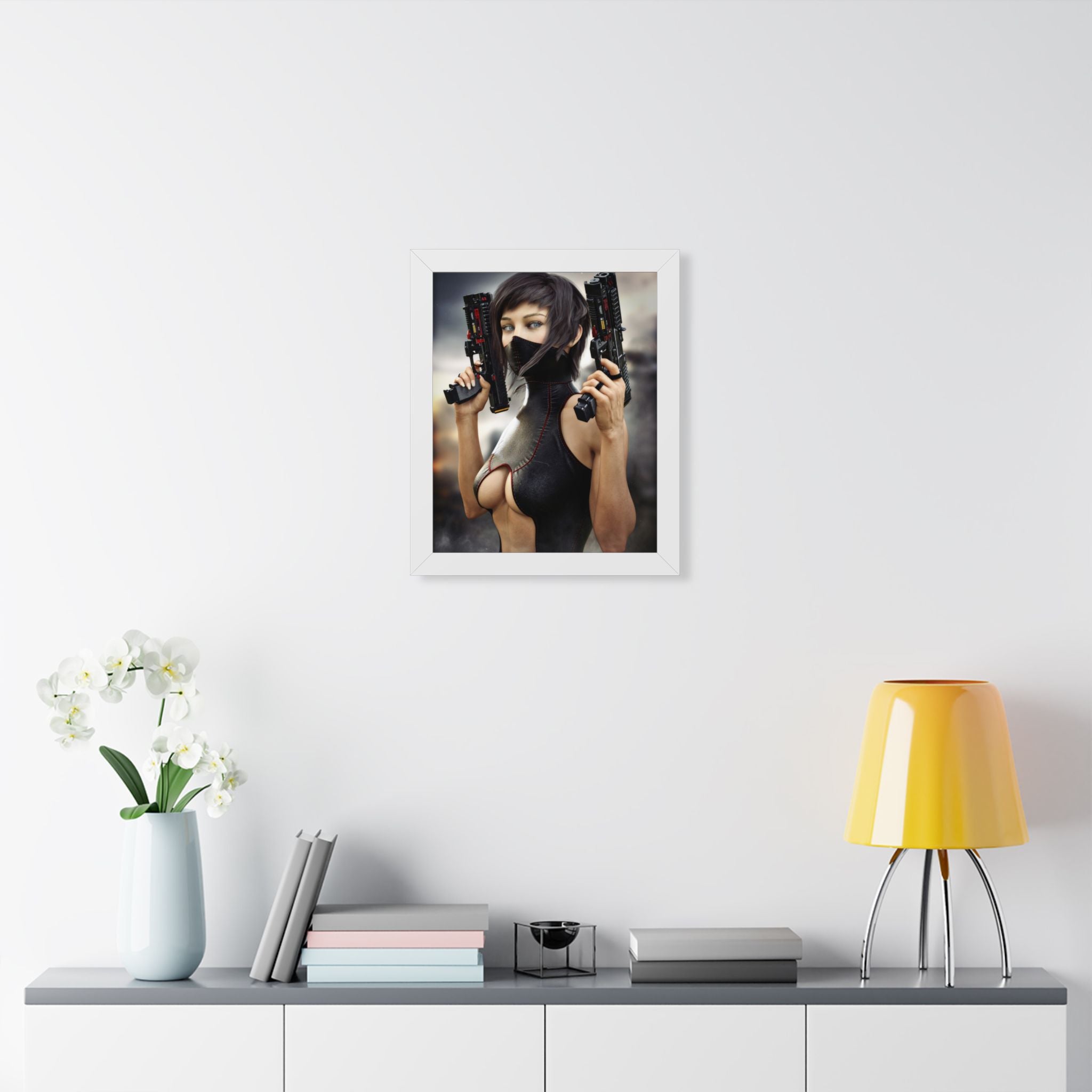 Framed Poster — Cyberpunk Female Assassin Art Print - No AI - Human created illustration art