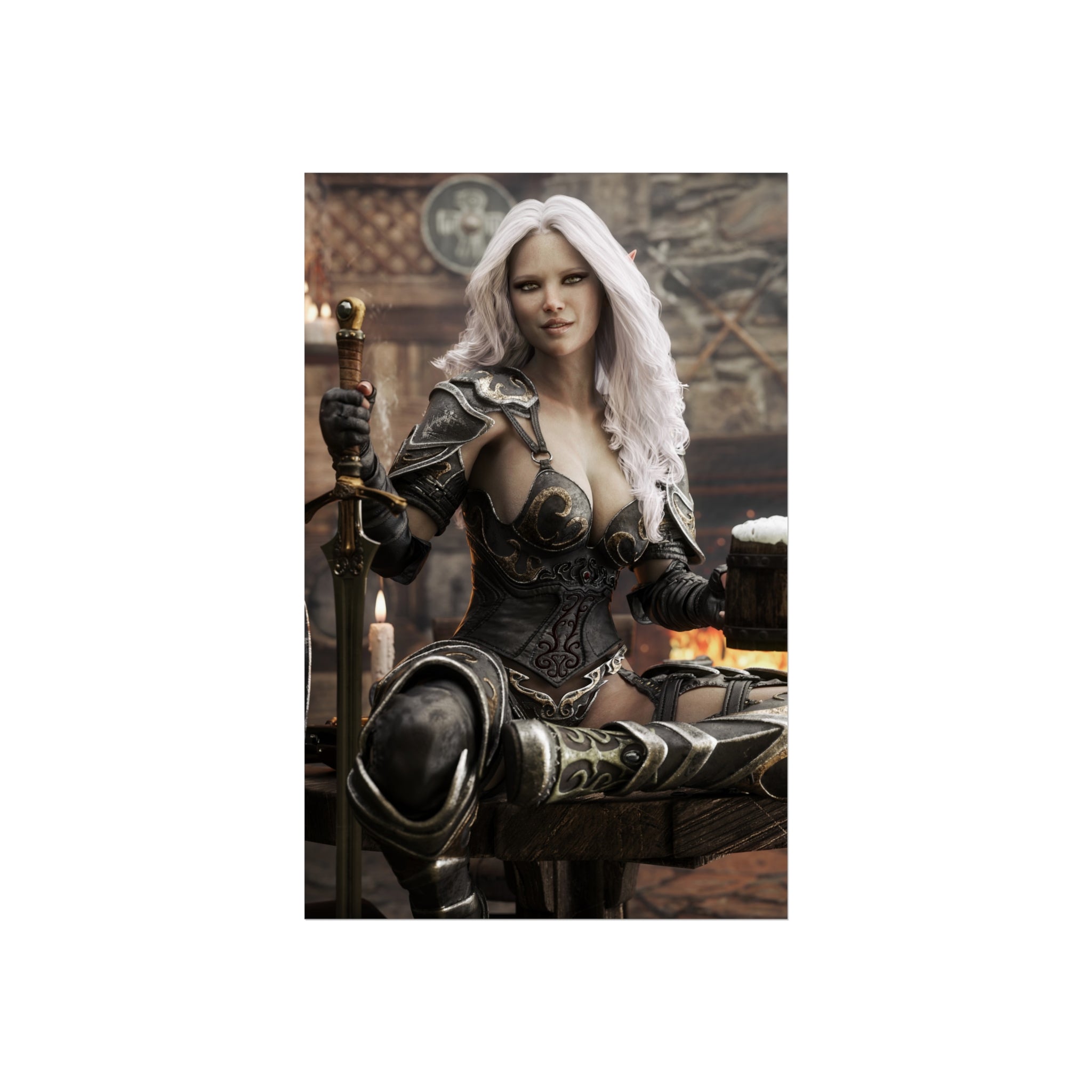 Fantasy Warrior Woman Fine Art Poster — Armored Dark elf Tavern Scene- No AI- Human created illustraion