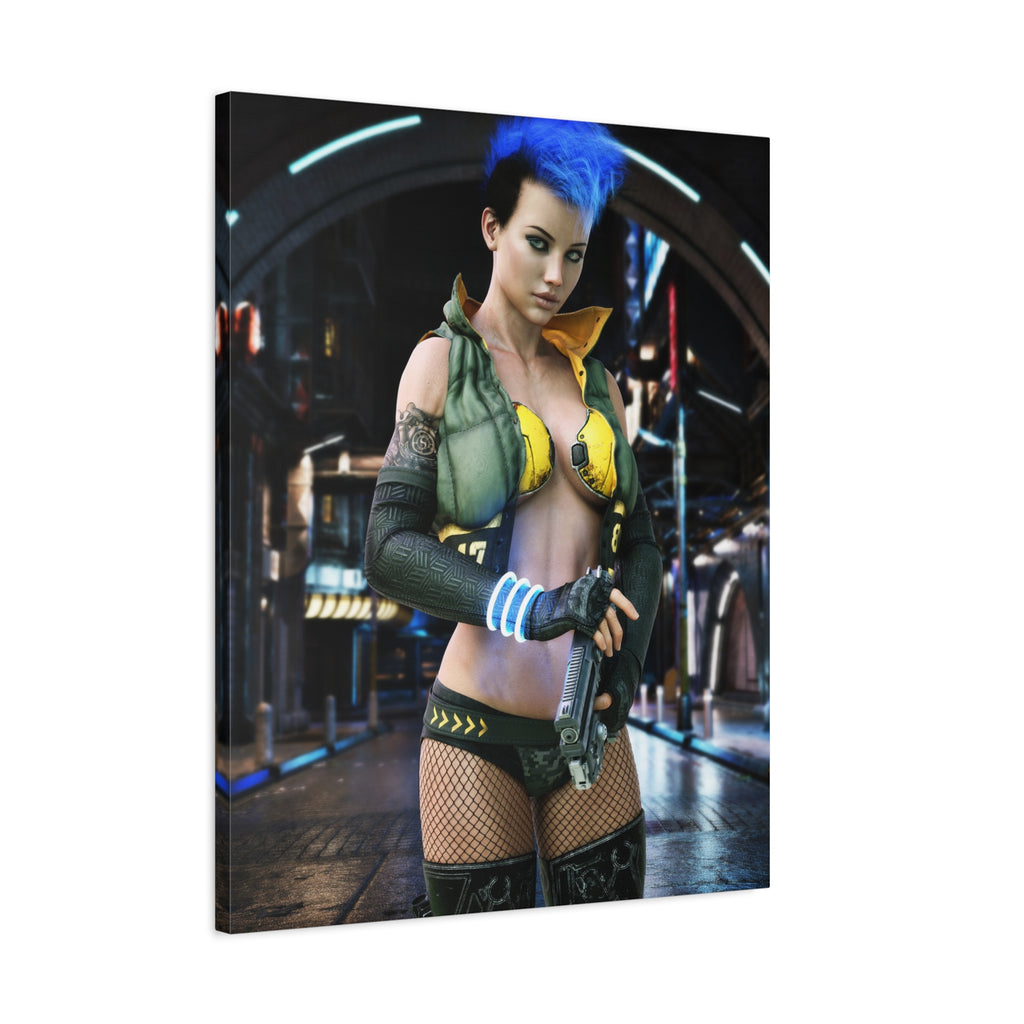 Cyberpunk Femme Fatale Canvas Print — Matte Stretched Wall Art -No AI- Human created illustration art