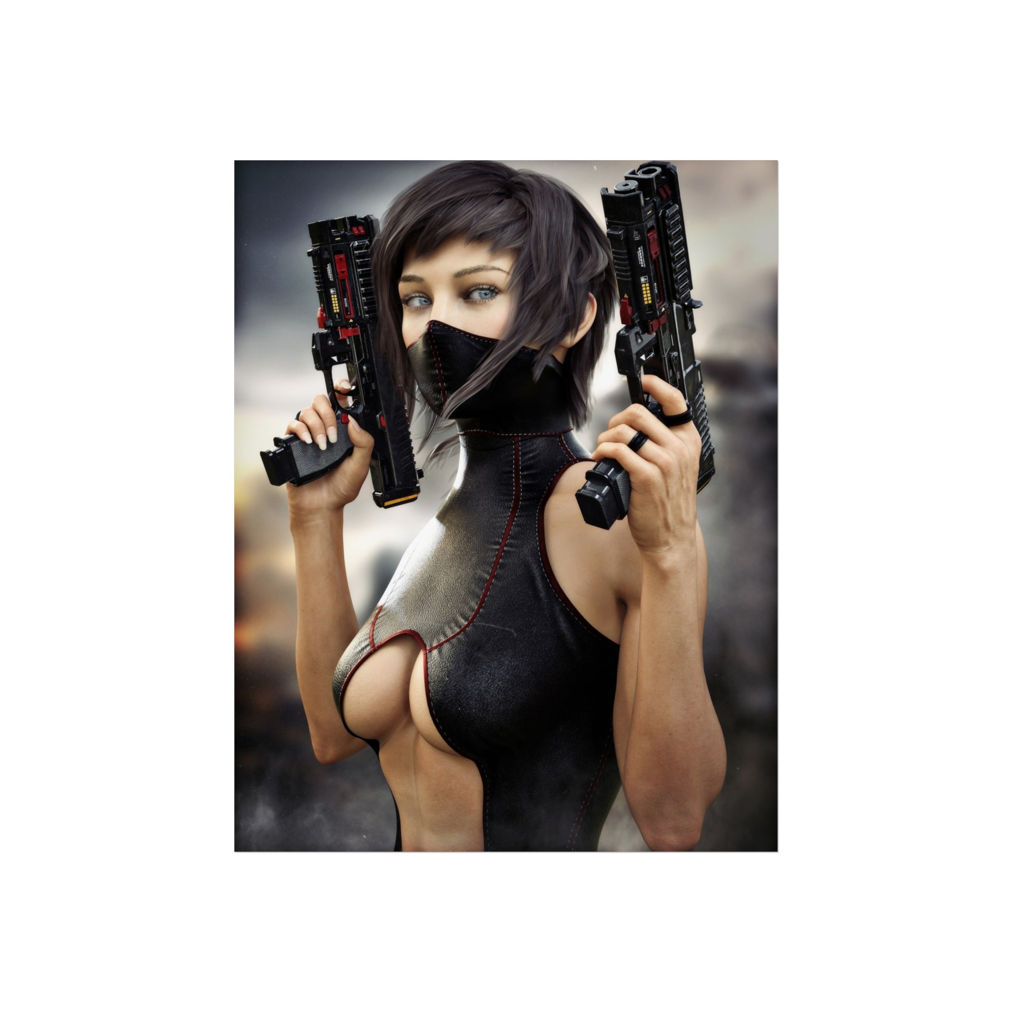 Cyberpunk Assassin Fine Art Poster — Futuristic Female Gunslinger Wall Art- No AI -Human created illustration art