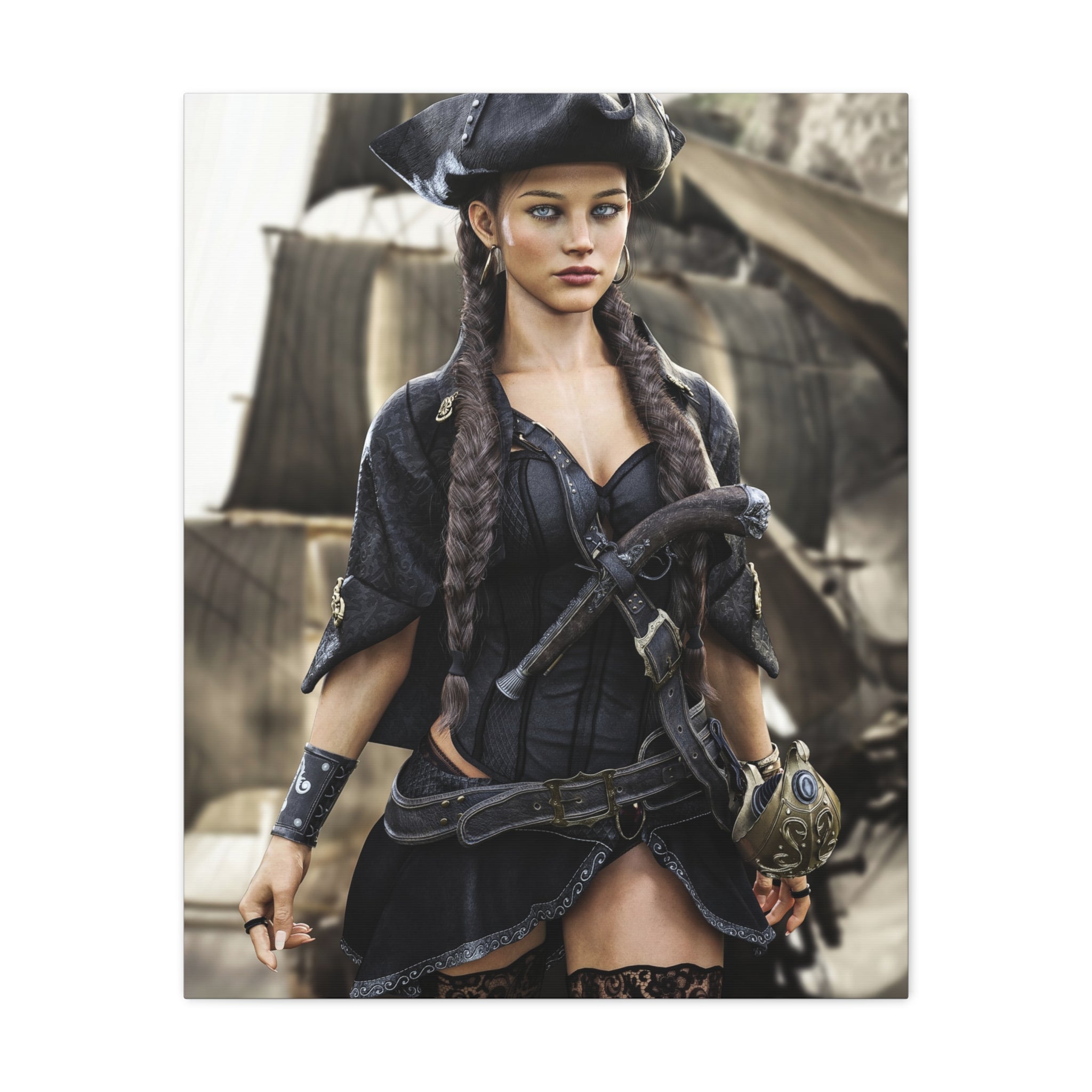 Pirate Captain Woman Matte Canvas Print — Stretched Wall Art - No AI - Human created illustration art
