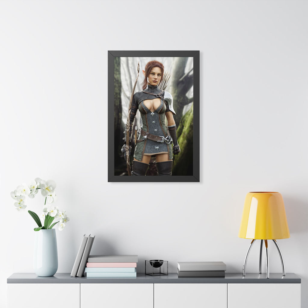 Fantasy Wood Elf Archer Framed Poster — Female Ranger Wall Art - No AI human created illustration art